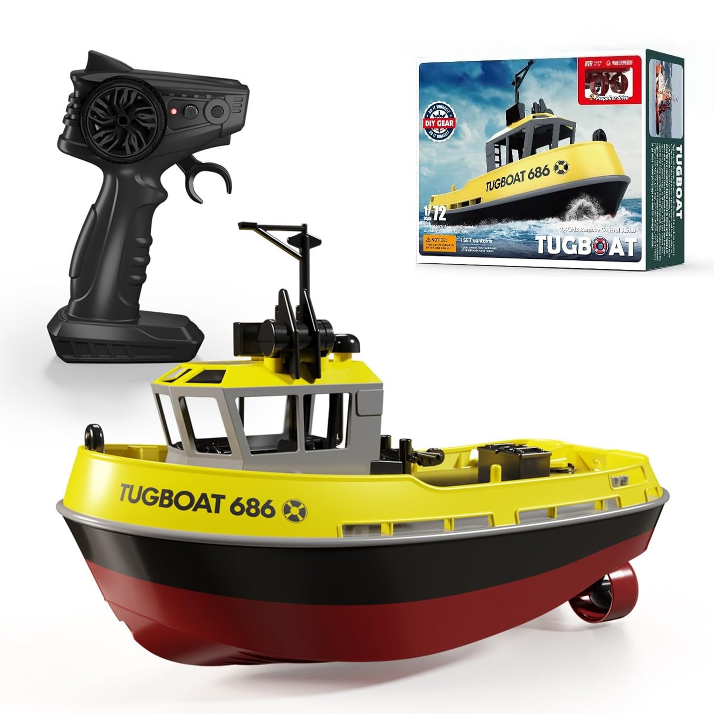 Yoyoom RC Boat, 1/72 RC Tugboat for Pools and Lakes, 2.4Ghz High-Speed Remote Control Boat with LED Lights and Low Battery Alarm