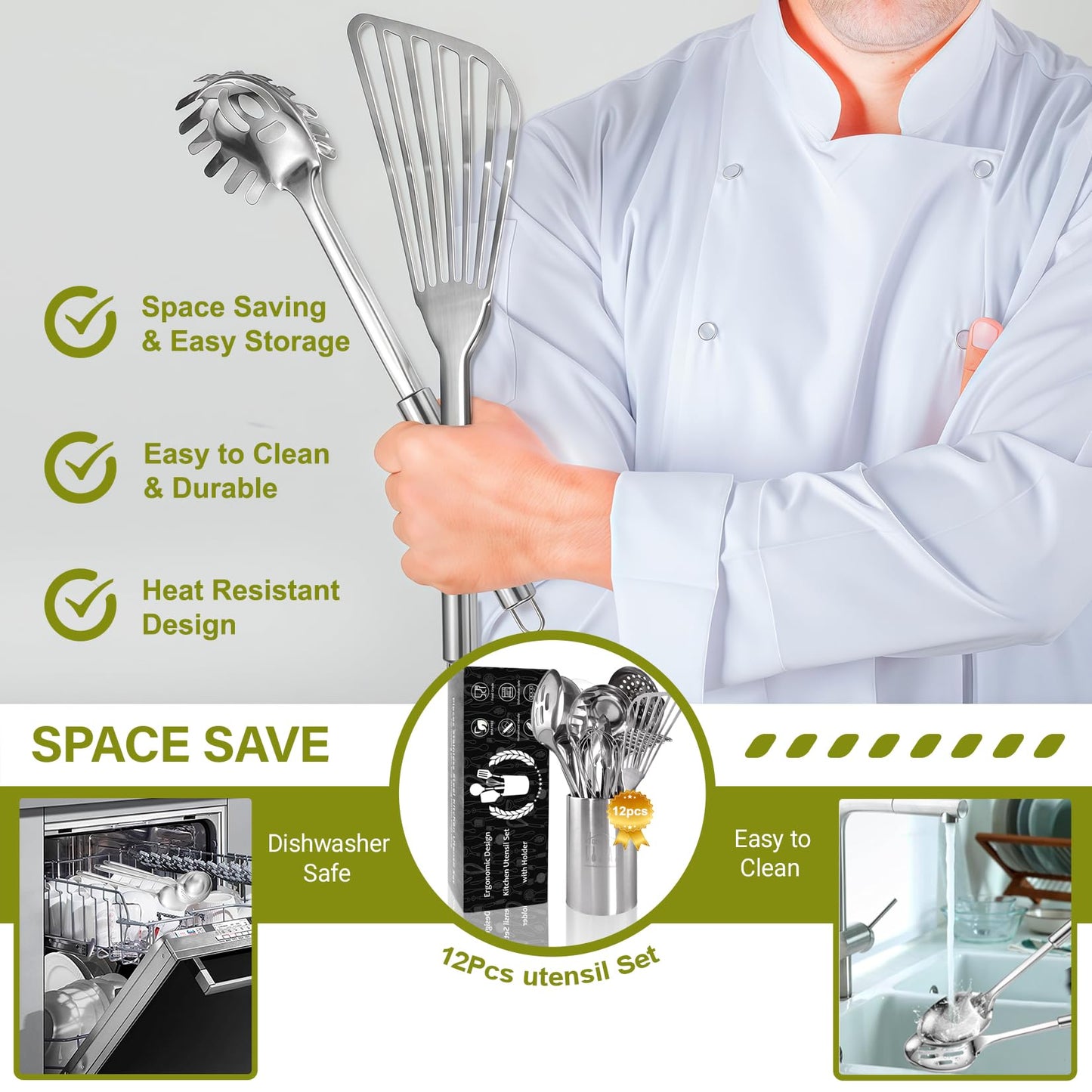 Stainless Steel Kitchen Utensils Set - 12pcs Cooking Utensil Set with Holder, Heat Resistant Metal Spatula Sets for Cooking, Stainless Steel Utensils Set with Turner Potato Masher Spoon Tong Whisk