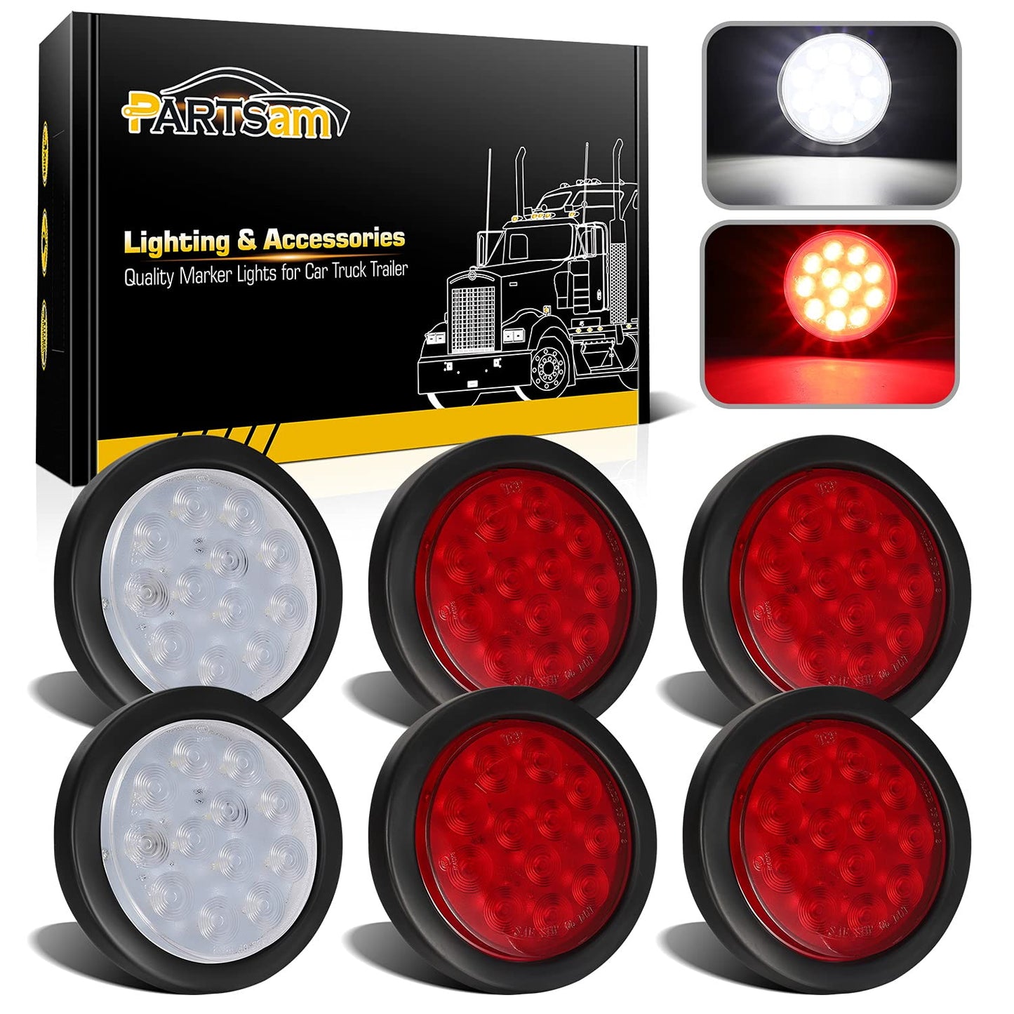 Partsam 6Pcs 4 Inch Round LED Trailer Tail Lights Kit - Round Led Stop Turn Tail Back-up Reverse Fog Lights 12 LED Include Lights Grommet 3-Prong Wire Pigtails for Truck Trailer RV(4 Red + 2 White)