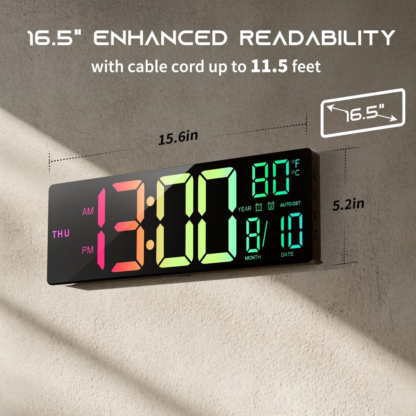 EASYERA 16.5" Large Digital Wall Clock with Remote Control, RGB Atmosphere Lights with 11 Scenes Mode, Dual Alarms with Big LED Display, Auto DST, Temperature for Living Room Gaming