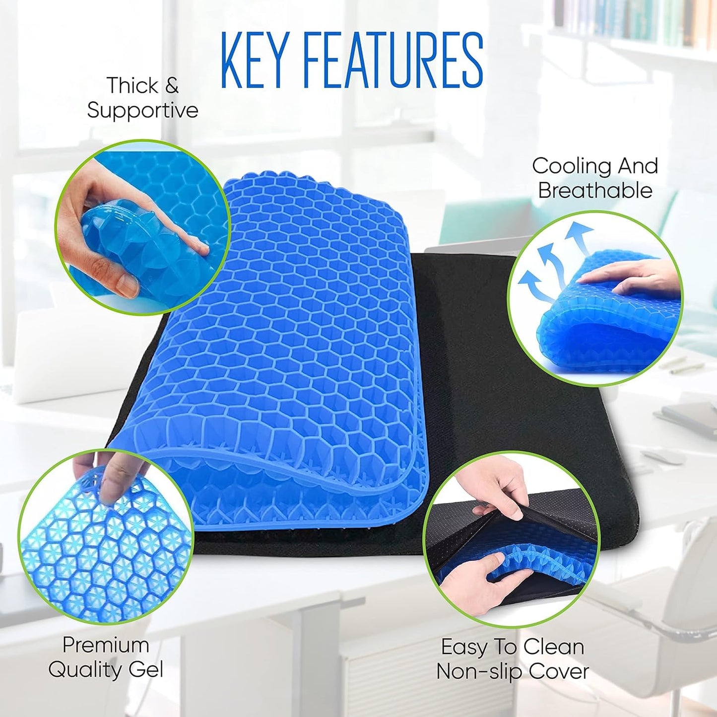 Gel Seat Cushion for Long Sitting Pressure Relief (Super Large & Thick) - Non-Slip Gel Chair Cushion for Back,Sciatica,Tailbone Pain Relief - Seat Cushion for Office Desk Chair,Car Seat,Wheelchair