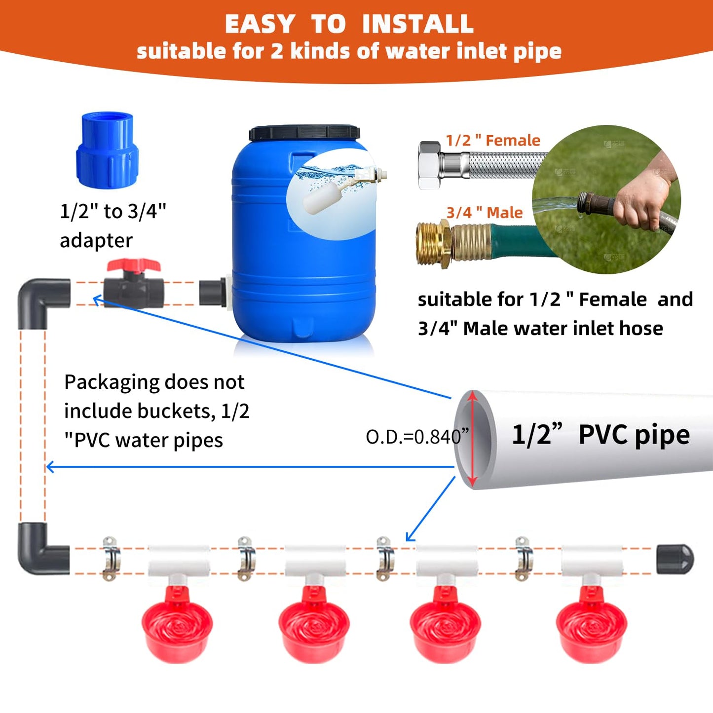 Ayakol Automatic Chicken Waterer System, DIY Poultry Pipe Water Feeder Set, Include 8 Chicken Water Cups, Coop Automatic Clean Waterer, Suitable for Chicken Duck Quail Pigeon