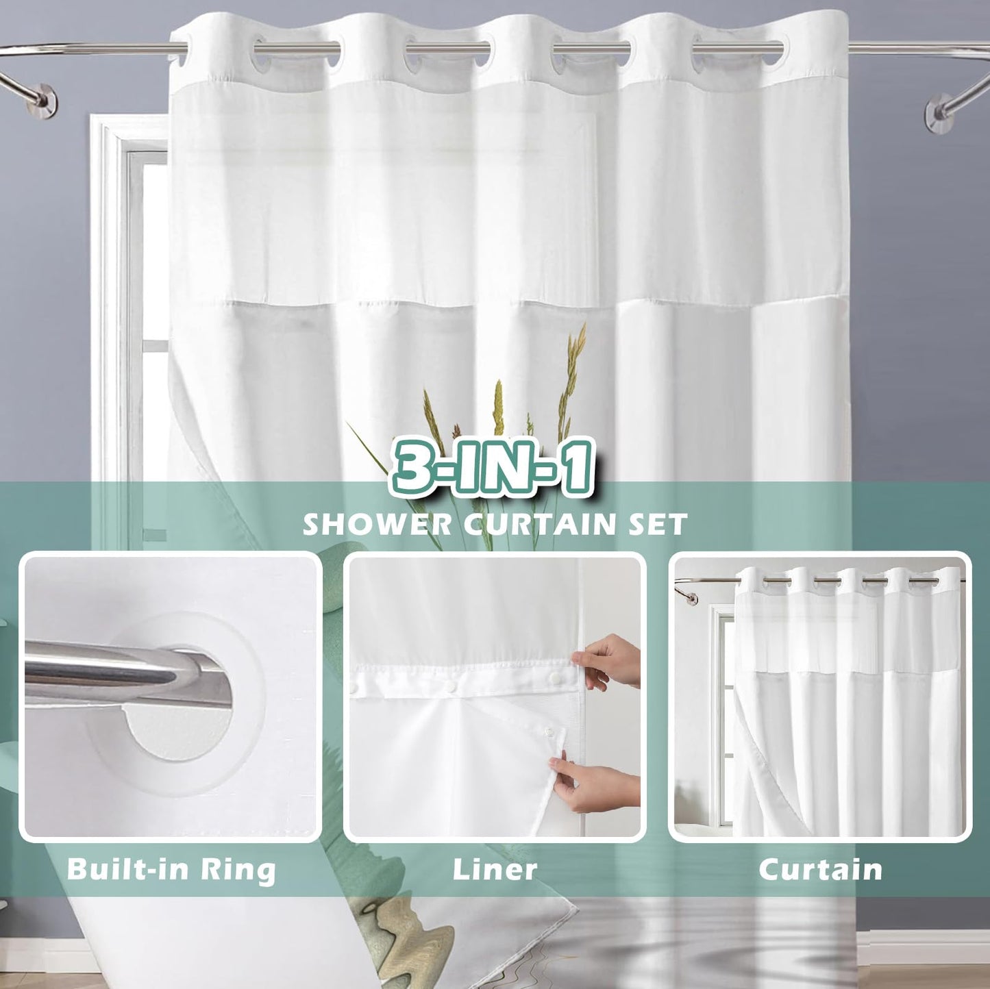 Shellspace No Hook 3 in 1 Shower Curtain with Snap in Liner, Pebbles Shower Curtain Set with See Through Top Window, Machine Washable Waterproof Polyester Fabric Bath Curtain, 71 x 74 in