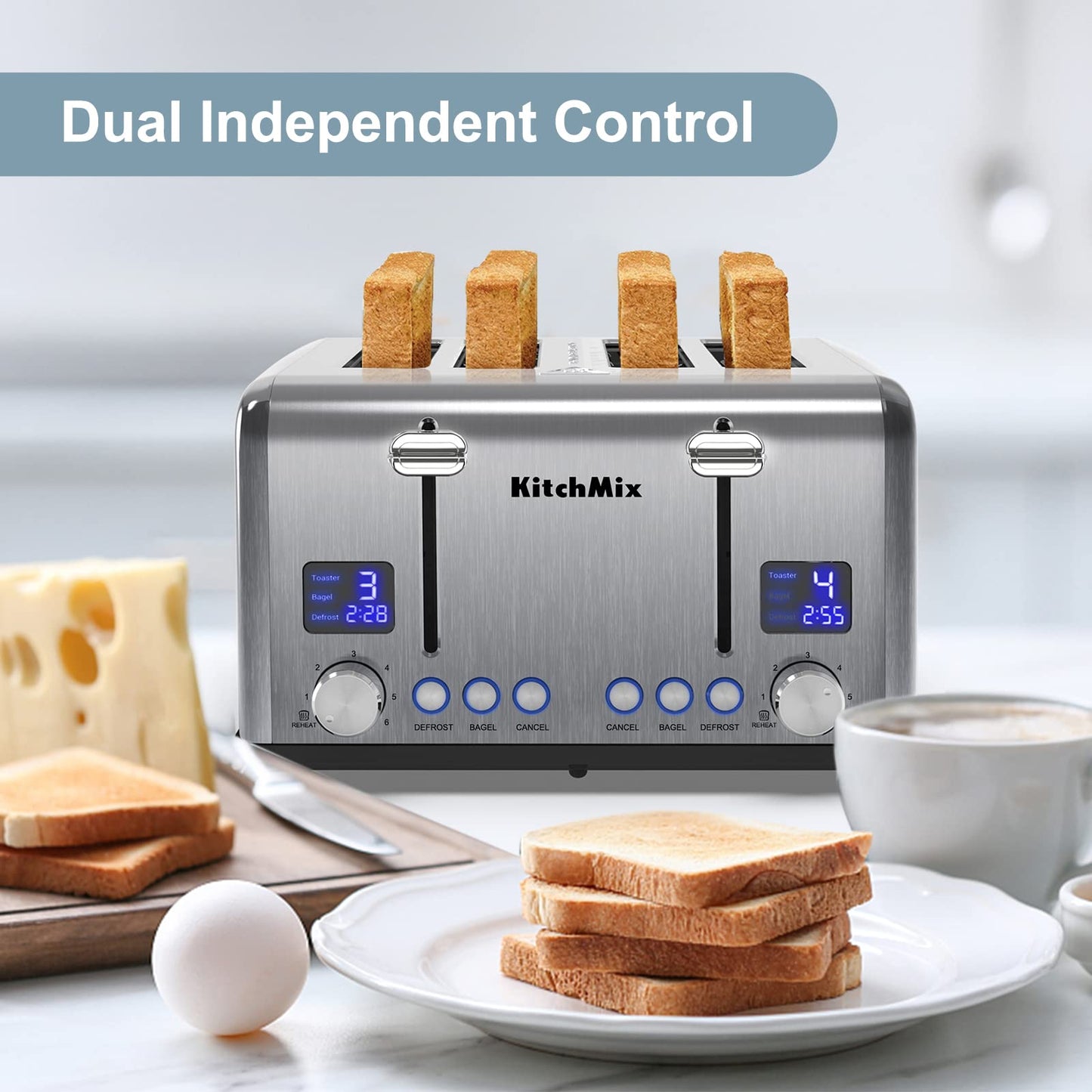 Toaster 4 Slice, Bagel Stainless Toaster with LCD Timer, Extra Wide Slots, Dual Screen, Removal Crumb Tray (Stainless steel)