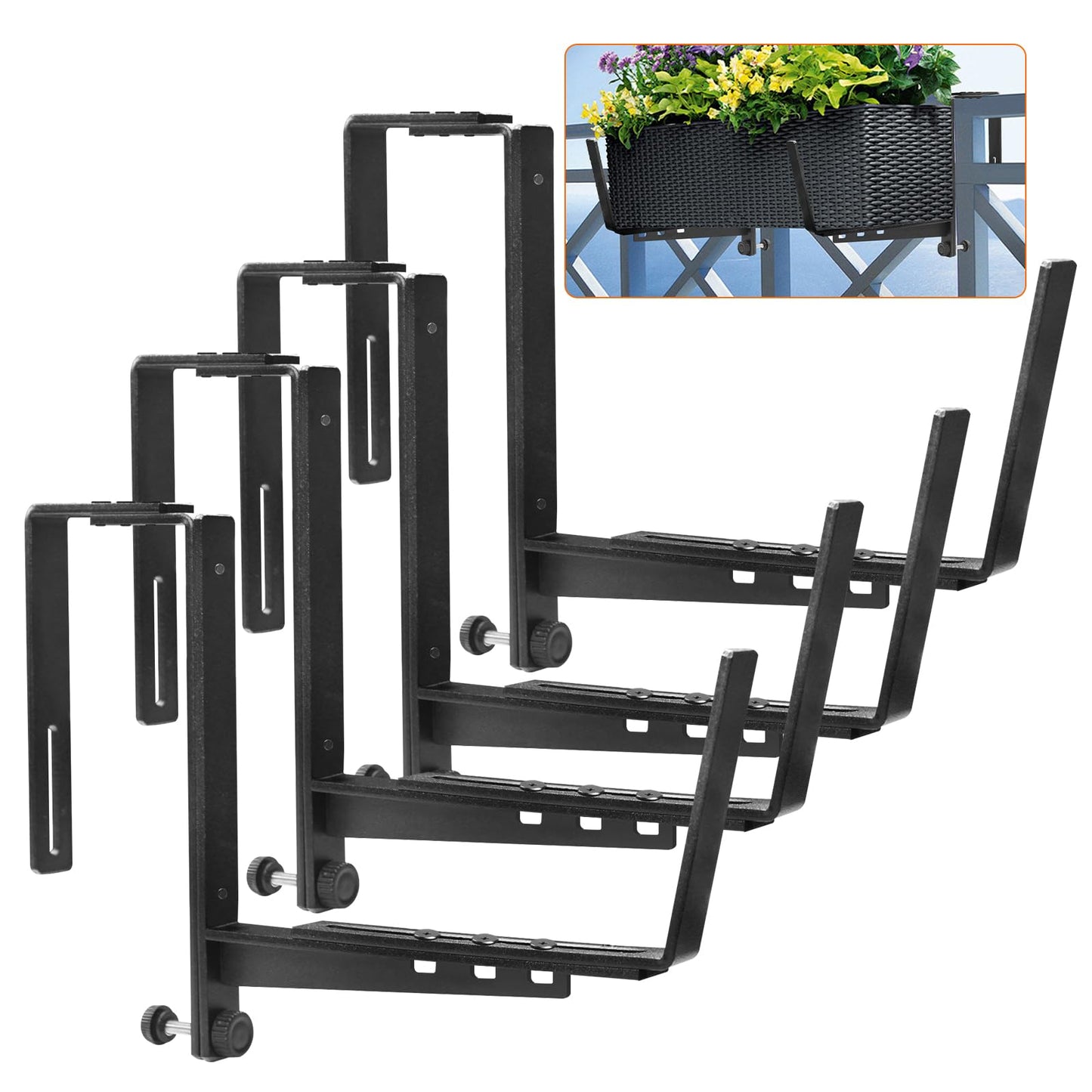 ZUIWAN 4 Pcs Adjustable Railing Planter Boxes Brackets,Heavy Duty Iron Window Box Planters Holder Outdoor for Railings,Windowsill,Patio,Deck,Garden,Balcony,Fence,Wall,Porch,Black