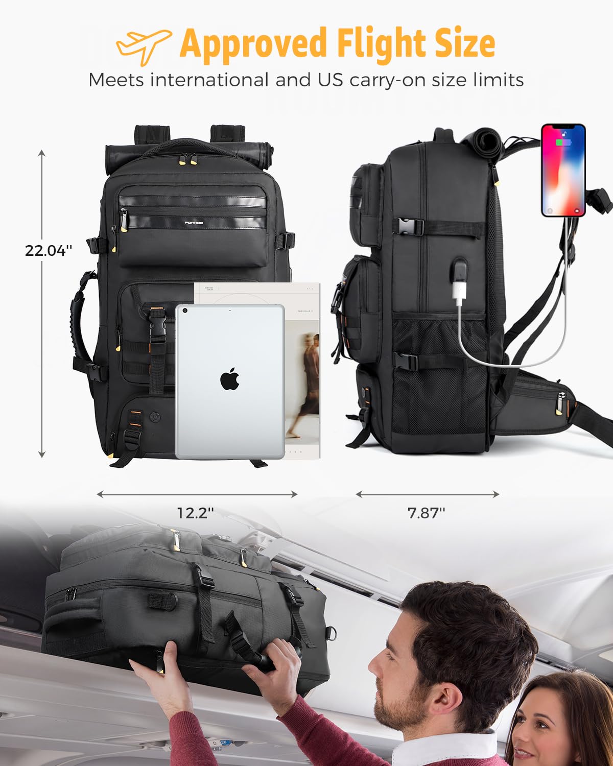 Ponhog Travel Backpack for Men - 50L Convertible Duffle Bag with Shoe Compartment, Carry On Laptop Backpack with USB Charging Port, Water Resistant Hiking Backpack Gym Daypack, Black