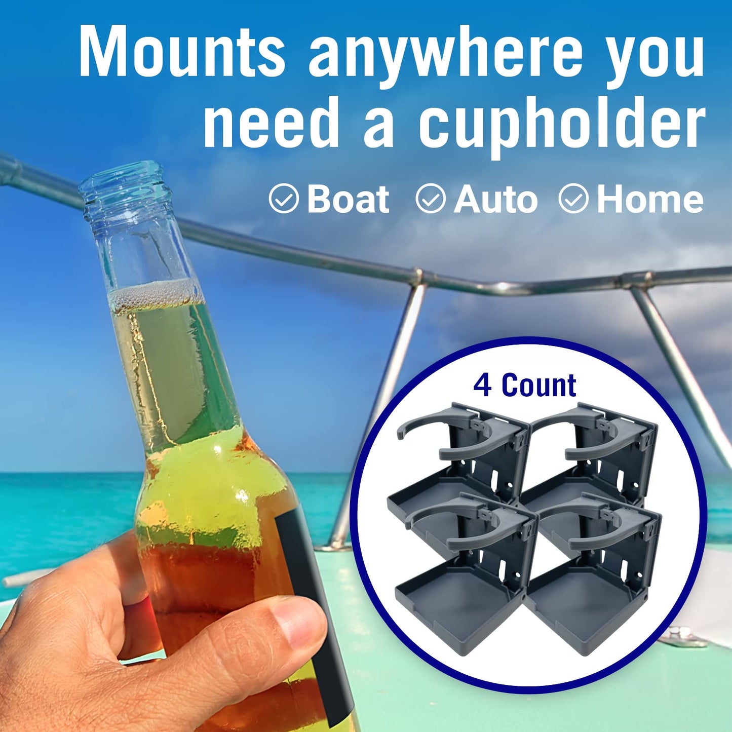 Boat Cup Holder, Set of 4 Folding Drink Holders, Wall Mountable for Boat, RV, and Motorhome, Marine Grade, Gray Color