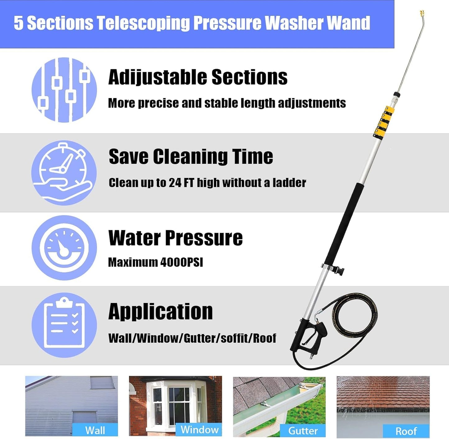 24 FT Telescoping Pressure Washer Wand (Heavy Duty Stainless Steel) with Power Washer Extension Wand, Gutter Cleaner Attachment, 2 Adapters, 5 Spray Nozzles & Support Belt for Wall Roof Gutter