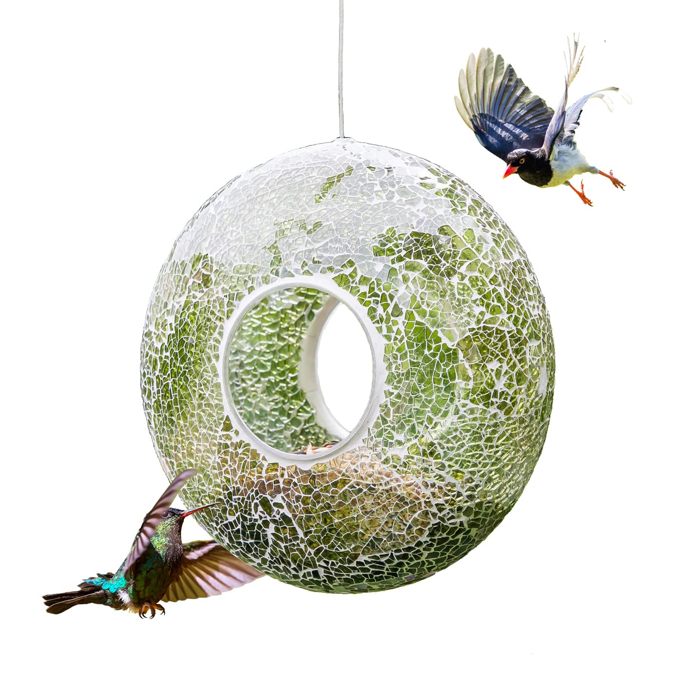 DUSVALLY Mosaic Hanging Bird Feeder - Circular Outdoor Garden Decor, Fly Through Wild Bird Feeders with Mosaic Glass Design, for Yard, Backyard, Deck and Porch, Green Accents