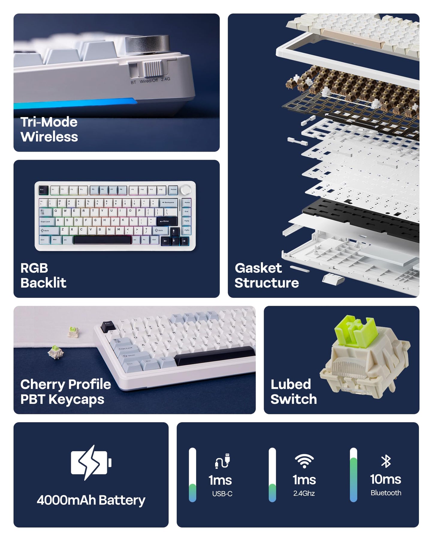 EPOMAKER EA75 75% RGB Gaming Mechanical Keyboard, 2.4GHz/Type-C/BT Creamy Wireless Keyboard with Knob, Shine Through PBT Keycaps, Hot Swappable for Gamers (Light Blue, Reaper Switch)