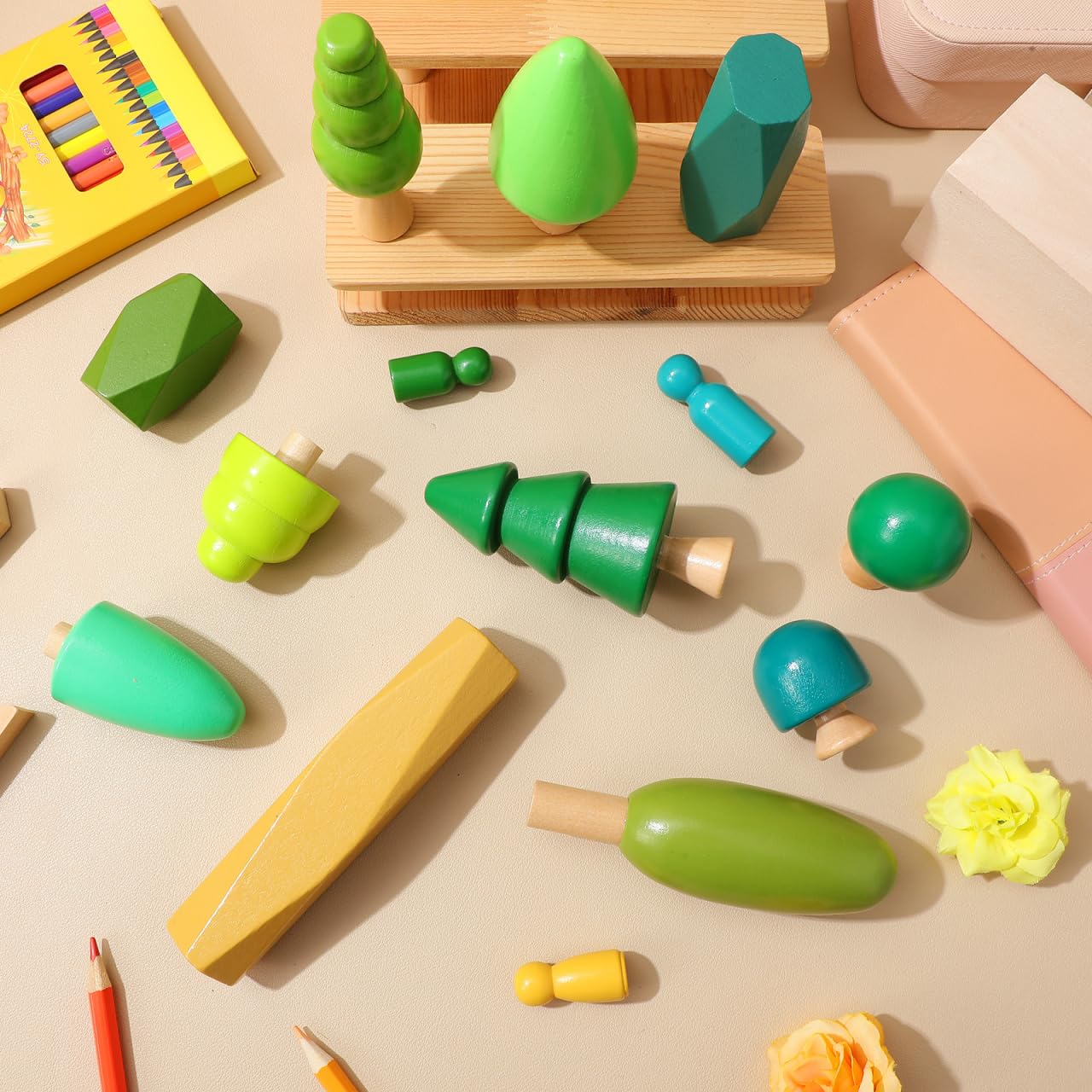 Totority Wooden Tree Figures Set Mini Suit Wooden Montessori Tree Decorations Small for 14+