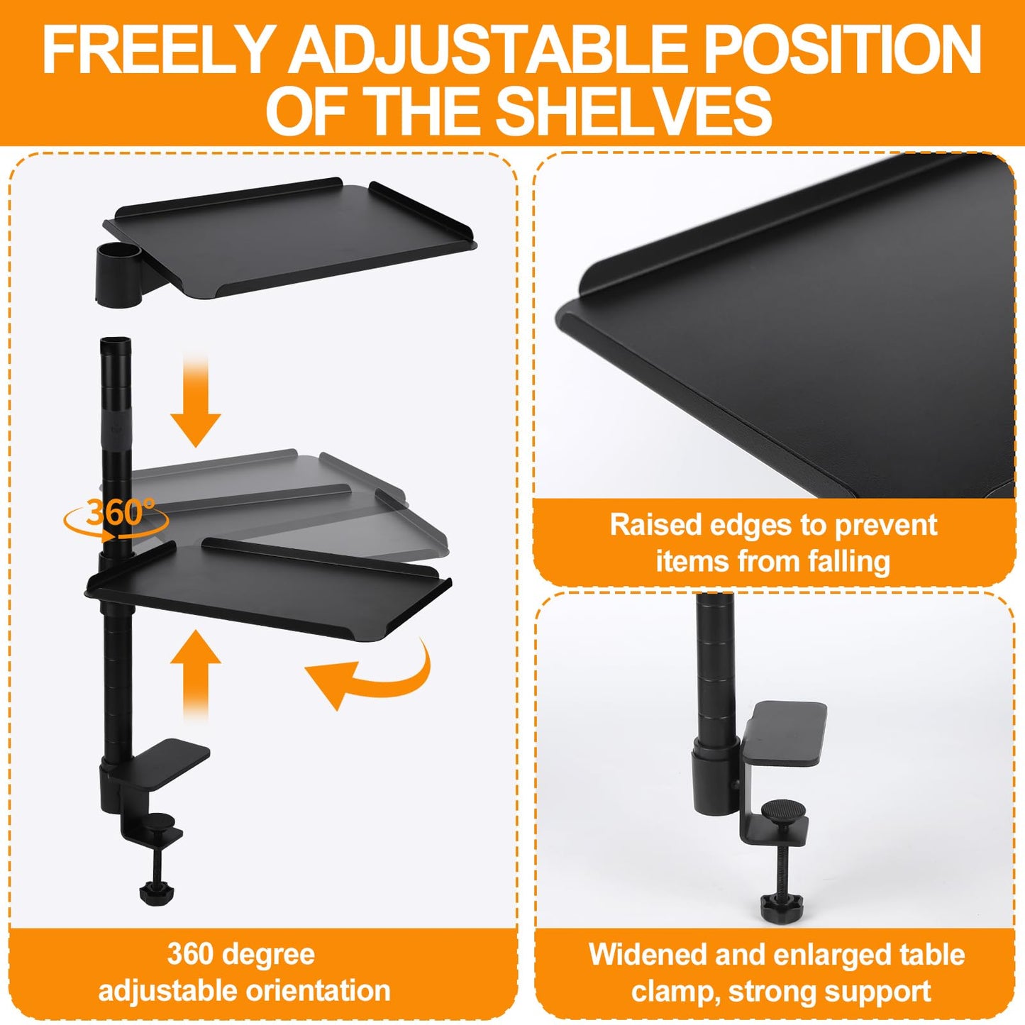 FBOAZI 3 Tier Clamp On Desk Shelf，Adjustable Above or Under Desktop Organizer ，360° Rotatable Carbon Steel Storage Tray for Home Office and Gaming Accessories（Black）