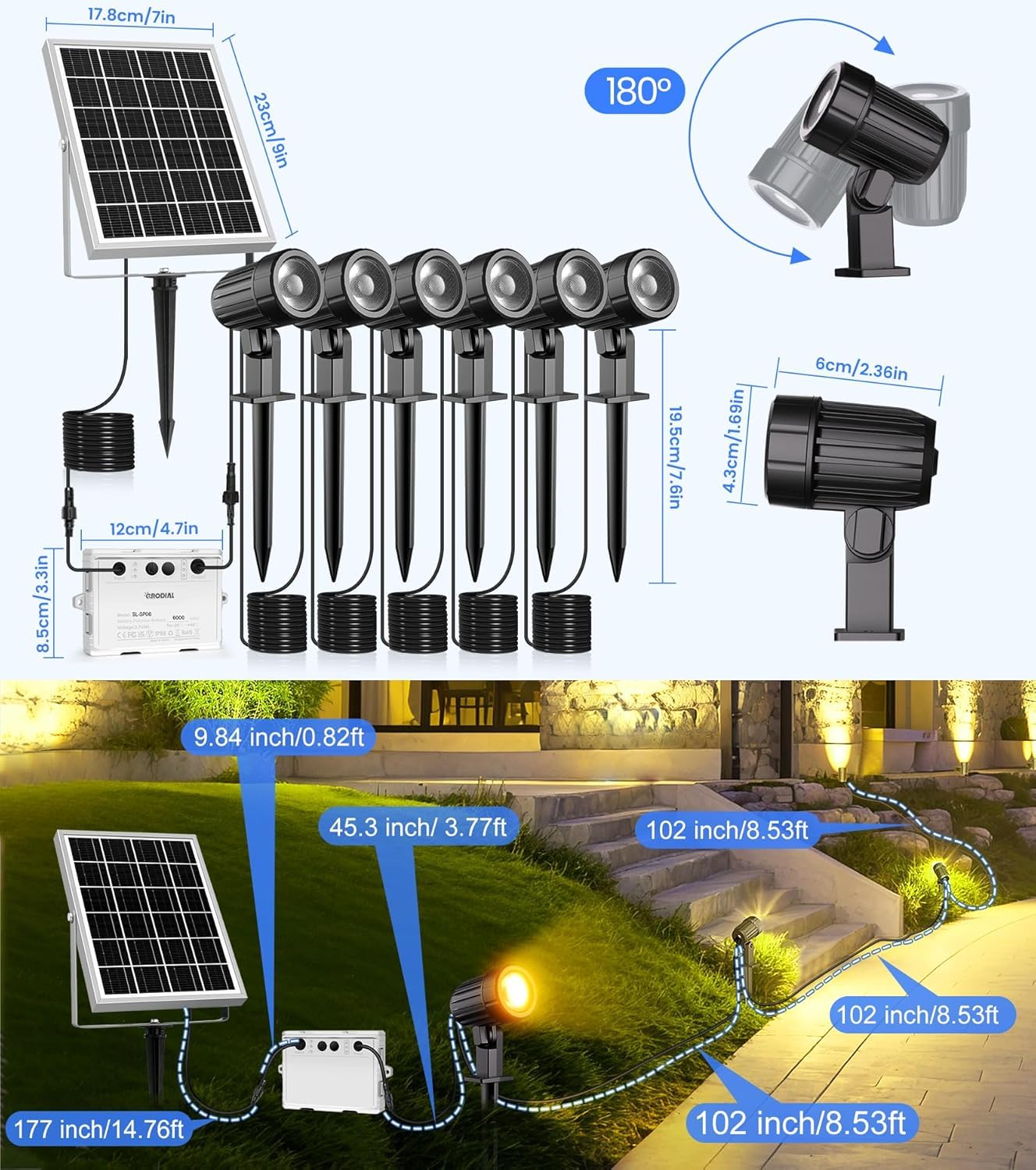 CRODIAL Solar Spot Lights Outdoor 6-in-1, Solar Landscape Lights with 3 Brightness 3 Modes IP66 Waterproof 9.8ft Cable Auto On/Off Outdoor Solar Lights for Yard Pathway Garden Tree（Warm White）