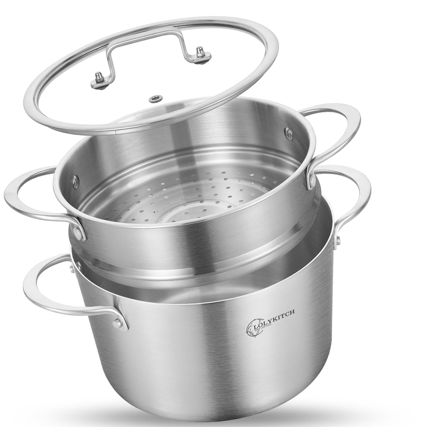 LOLYKITCH Tri-ply Stainless Steel 3 QT Stock Pot with Steamer,Induction Cooking Pot,Pots and Pans,Dishwasher and Oven Safe.