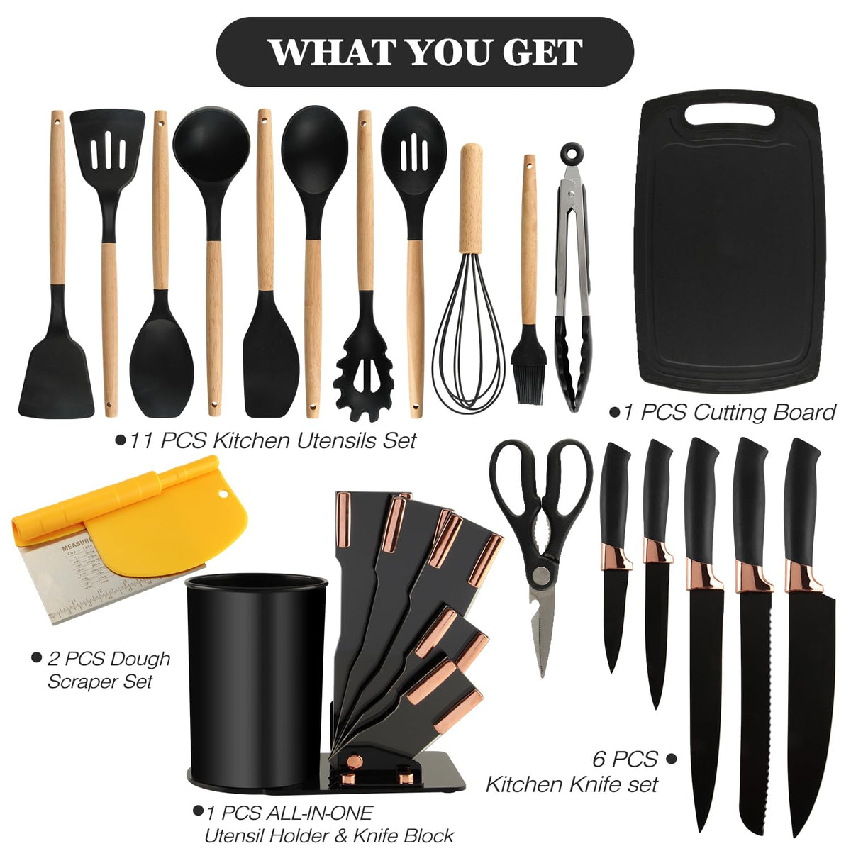Sunmei Silicone Kitchen Utensil Set for Nonstick Cookware, 21 Pcs Great Value Cooking Utensils Set, Comes with Silicone Spatula Spoon & Kitchen Knife Set & 2-in-1 Spatula Scraper(Gift Box)