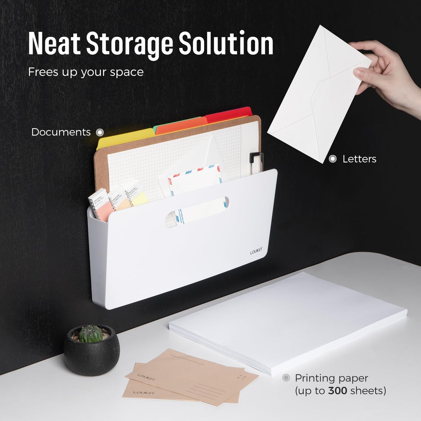 LOUKIN Magnetic Wall File Holder, No Drilling Porte Document Mural Organizer for Whiteboard, Refrigerator, File Cabinets, Office Wall File Organizer for Mail, Paper, Documents, Letters (White)