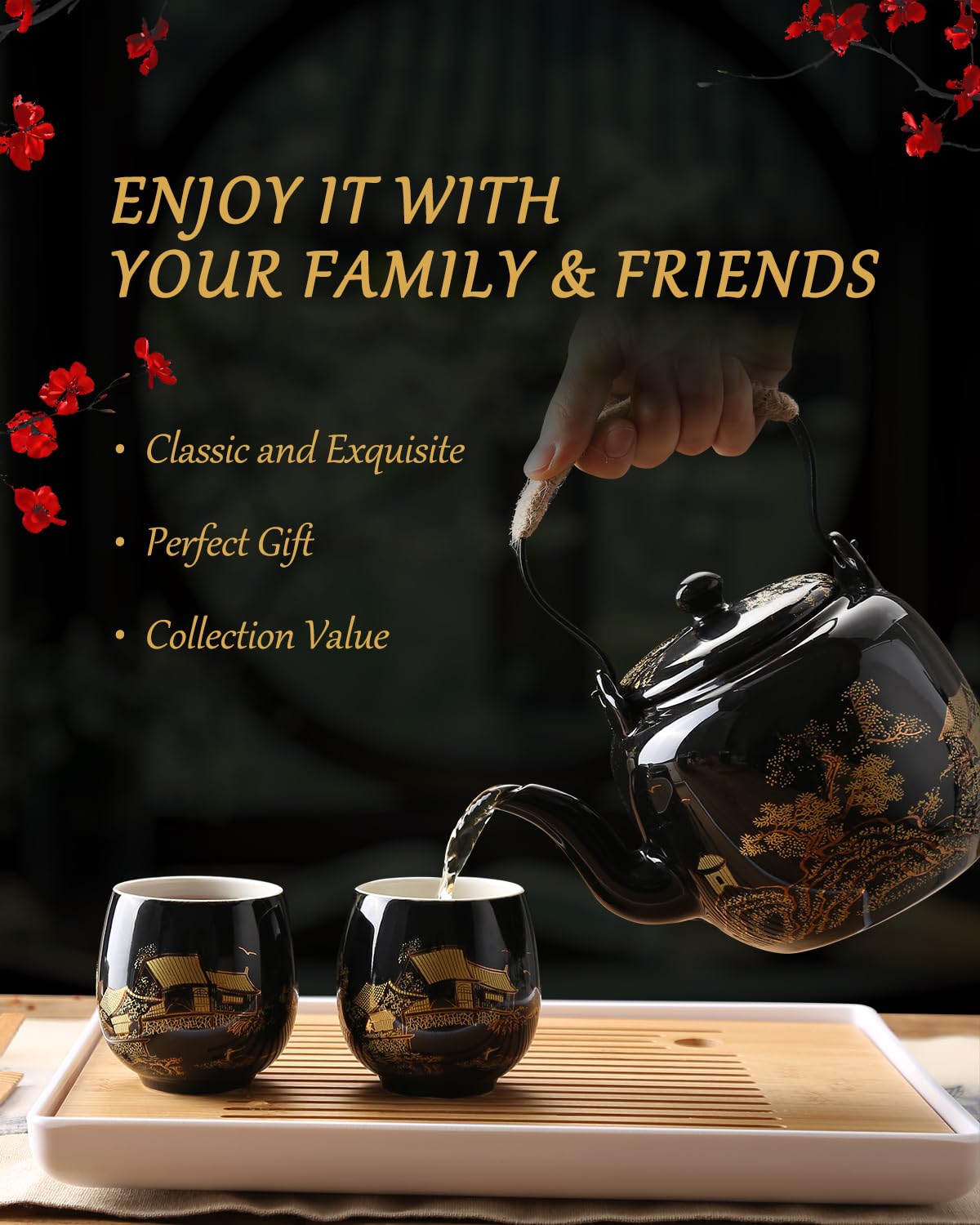 Dujust Japanese Tea Set, Black Porcelain Tea Set with 1 Teapot Set, 6 Tea Cups, 1 Tea Tray, 1 Stainless Infuser, Beautiful Asian Tea Set for Tea Lover/Women/Men (Countryside in Golden)