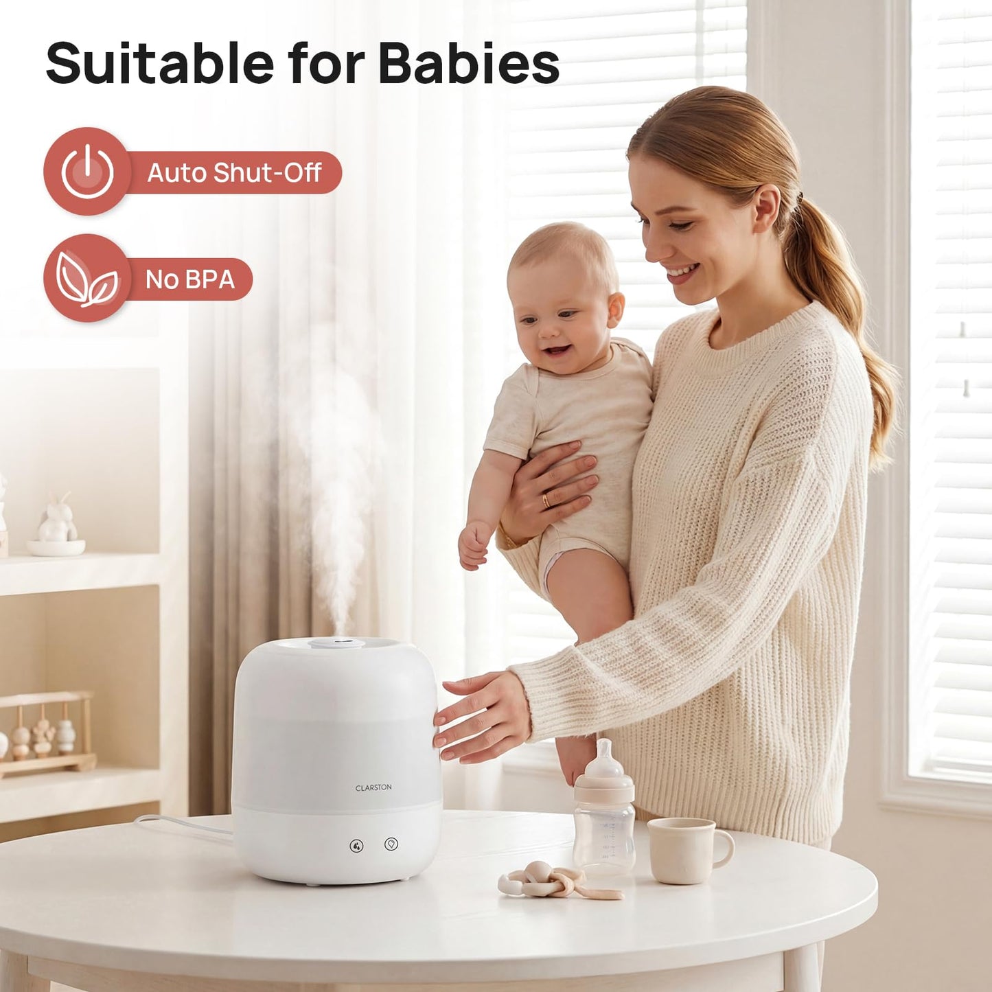 Clarston Humidifiers for Bedroom, 2L Top Fill with 360° Nozzle for Large Room, 7-Color Night Light, 24dB Quiet Cool Mist Air Humidifier for Baby Nursery & Plants, No BPA, Auto Shut Off, Easy to Clean