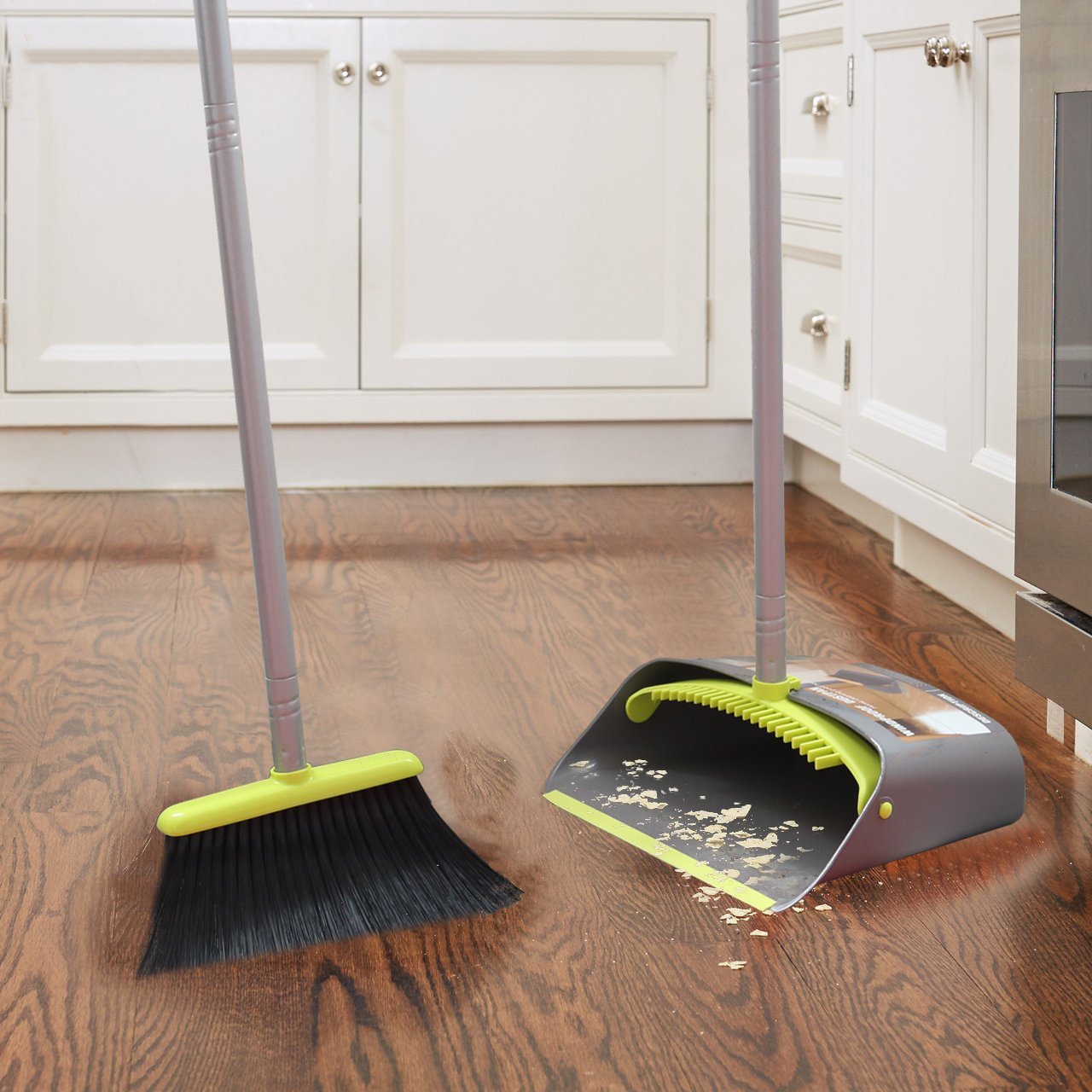 TreeLen Broom and Dustpan Set, Broom with Dust Pan with Long Handle Combo Set for Office and Home Standing Upright Sweep Use with Lobby Broom