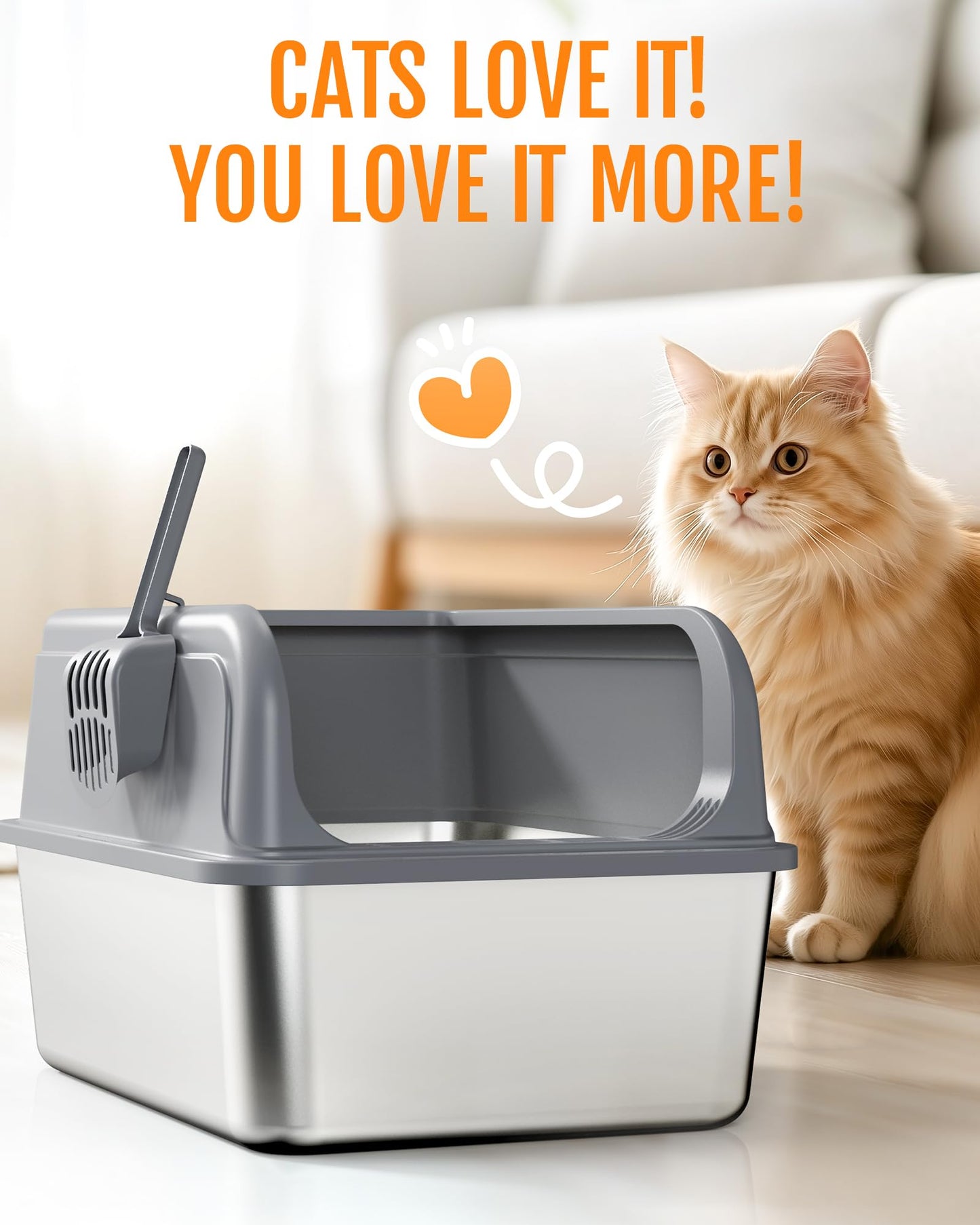 Powools Stainless Steel Cat Litter Box, Metal Kitty Litter Box with Scoop, Anti-Leakage Top Entry, Non-Sticky, Easy to Clean, Grey, L (1 Pack)