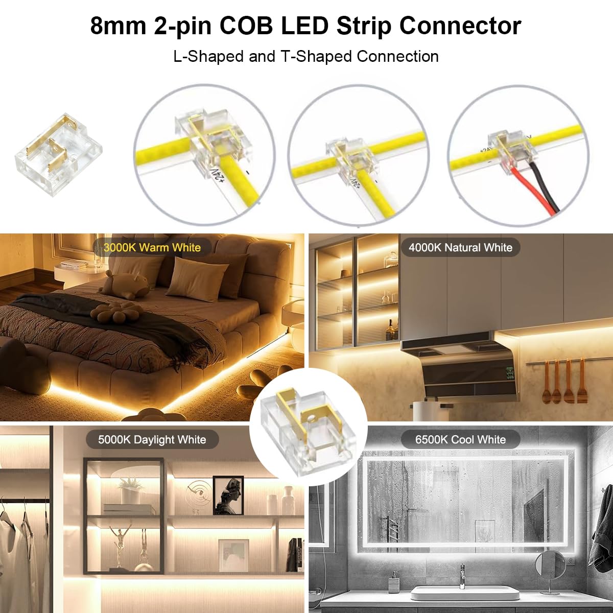 Wefomey COB LED Strip Light White, Dimmable 2700K-6500K High Density 6080LEDs 24V Flexible LED Tape Light with Remote and APP Control, for Under Cabinet Bedroom Kitchen DIY Lighting,1 Rolls of 10M