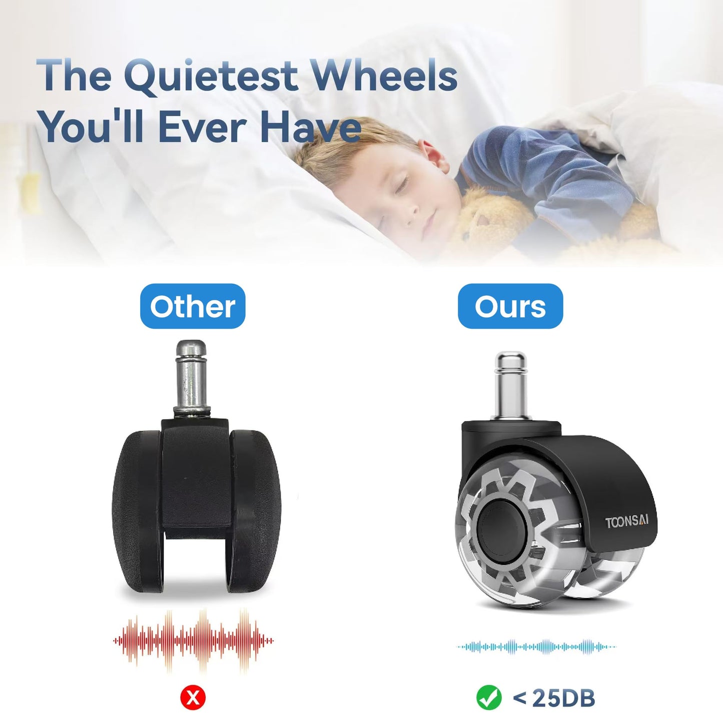 2 Inch Replacement Office Chair Wheels for IKEA Chairs, (Stem 3/8-7/8"), Set of 5,880LB(400kg) Capacity, Quiet Rubber Caster Wheels for Hardwood Floors.