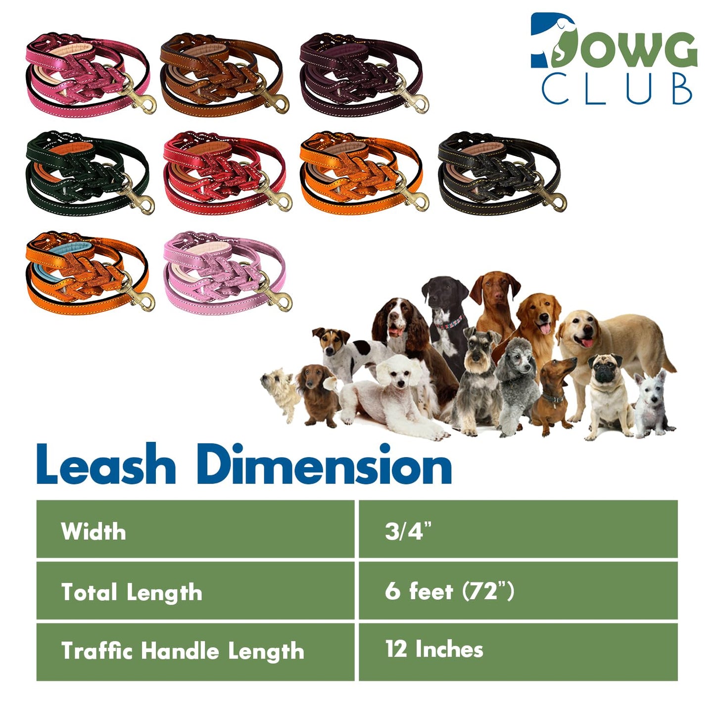 DowgClub | 6' Heavy Duty Genuine Leather Dog Leash for Small, Medium & Large Breeds | Hand Made, Hand Braided | 2 Handle Design | Soft Cushion Handle | Black, Brown & Tan | 6' x ¾”