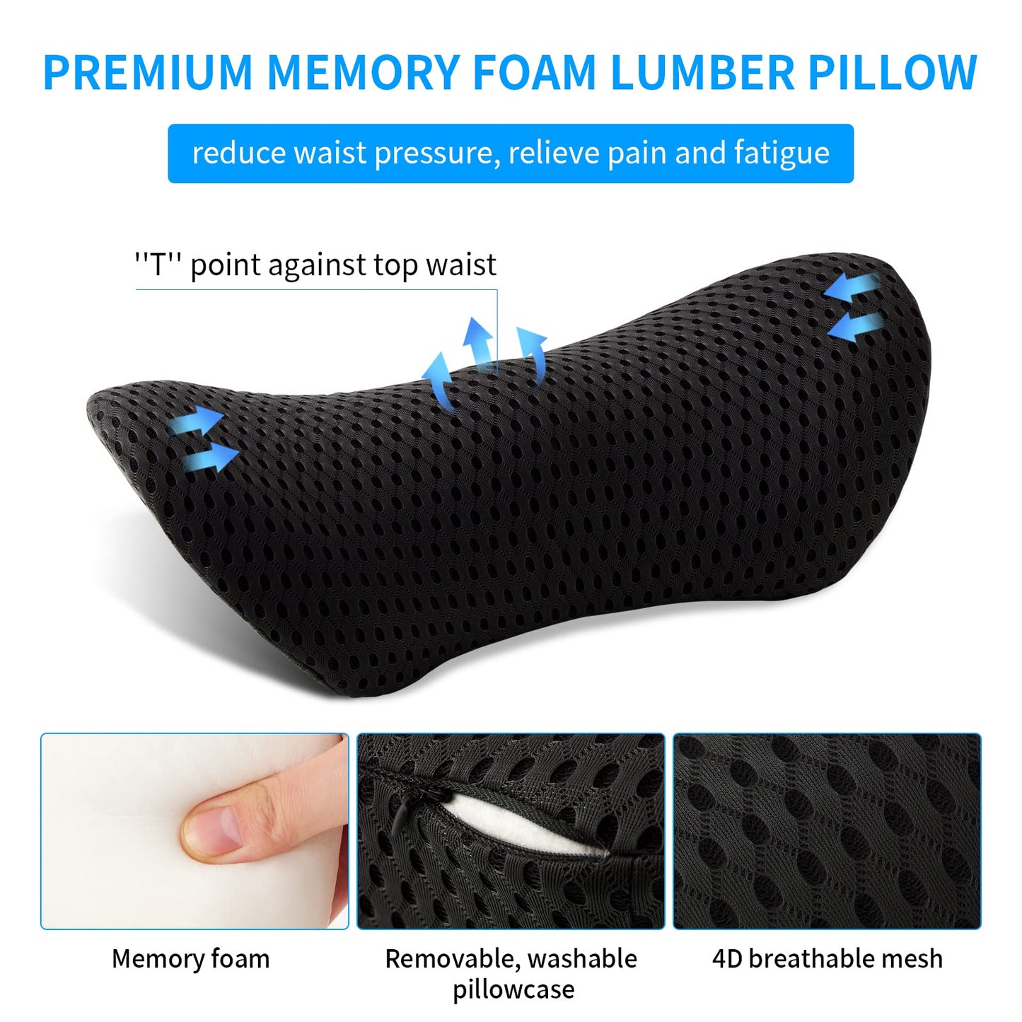 Lumbar Pillow, FOUSUPDT Memory Foam Lumbar Support Pillow for Office Chair and Car Seat, Back Support Pillow for Lower Back Pain Relief, Support Cushion Back Pillow for Sleeping, Driving(Black)