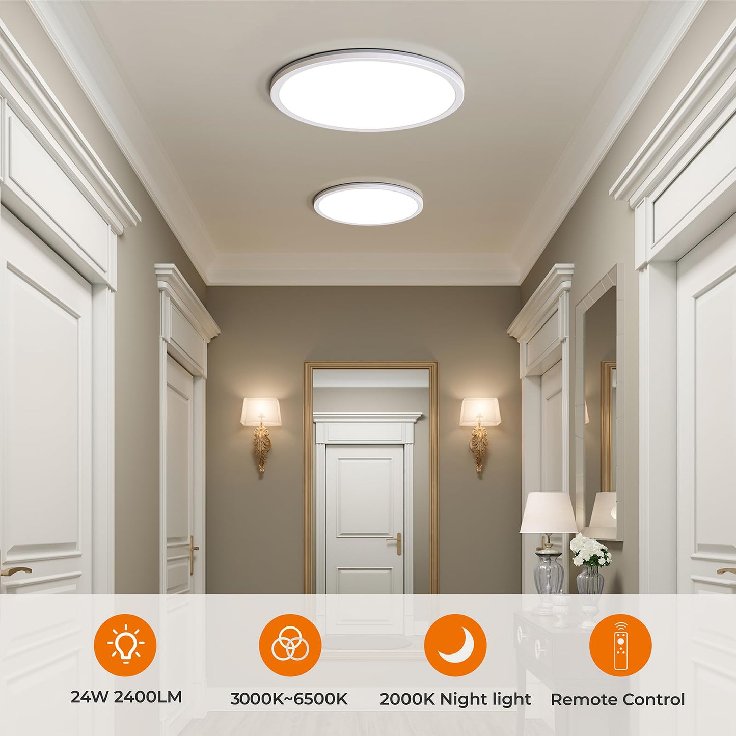 Matane 12in LED Flush Mount Ceiling Light Fixture with Remote Control, Nightlight 2000K Warm, 3000K-6500K Adjustable, Low Profile Ceiling Lights for Bedroom, Kitchen, Living Room, White, 12 Inch