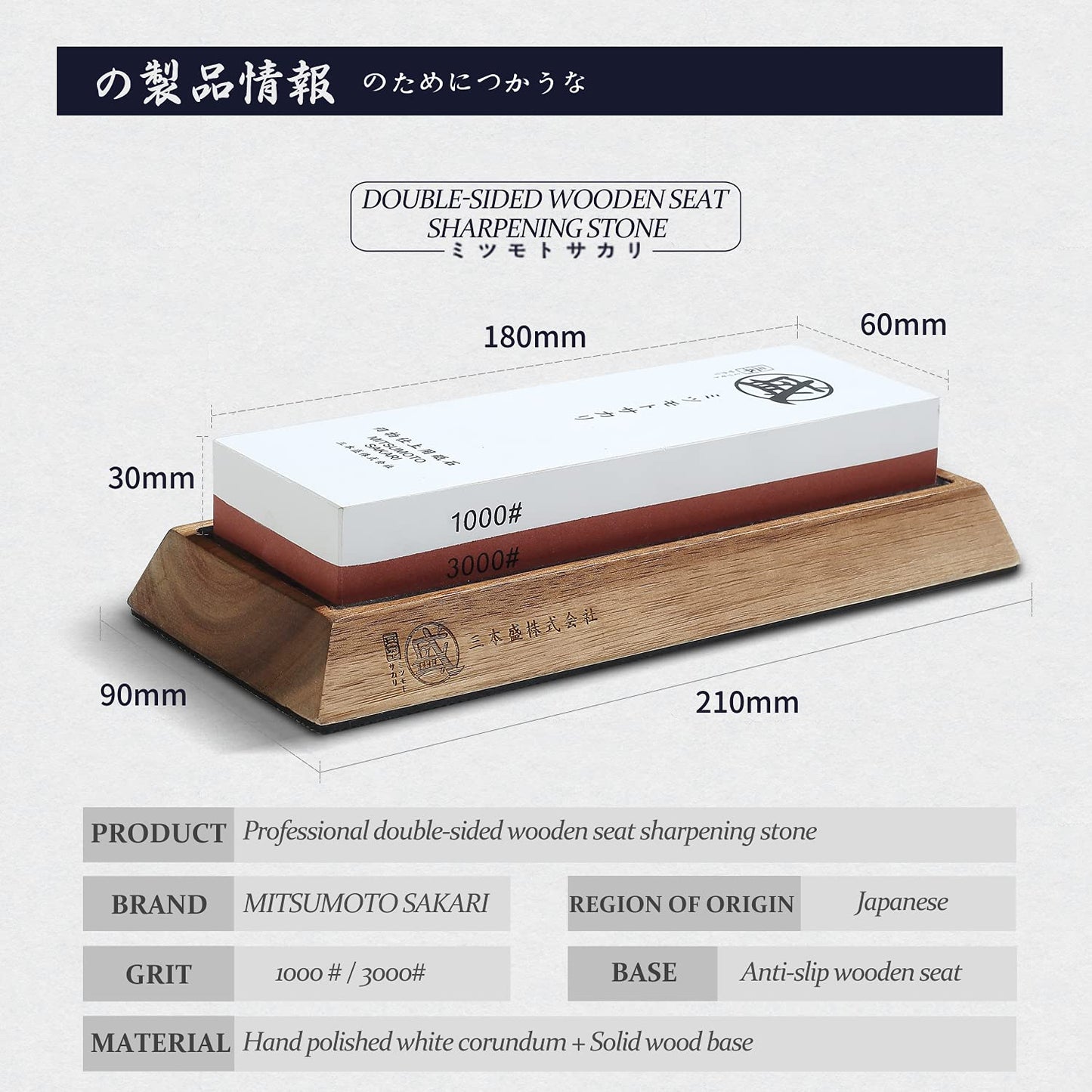 MITSUMOTO SAKARI Japanese Whetstone, Professional Kitchen 1000/3000 Grit 2-Side Sharpener, Knife Sharpening Stone with Non-Slip Wooden Base, Water Stone for Chef Knife, Santoku, Sushi Knife