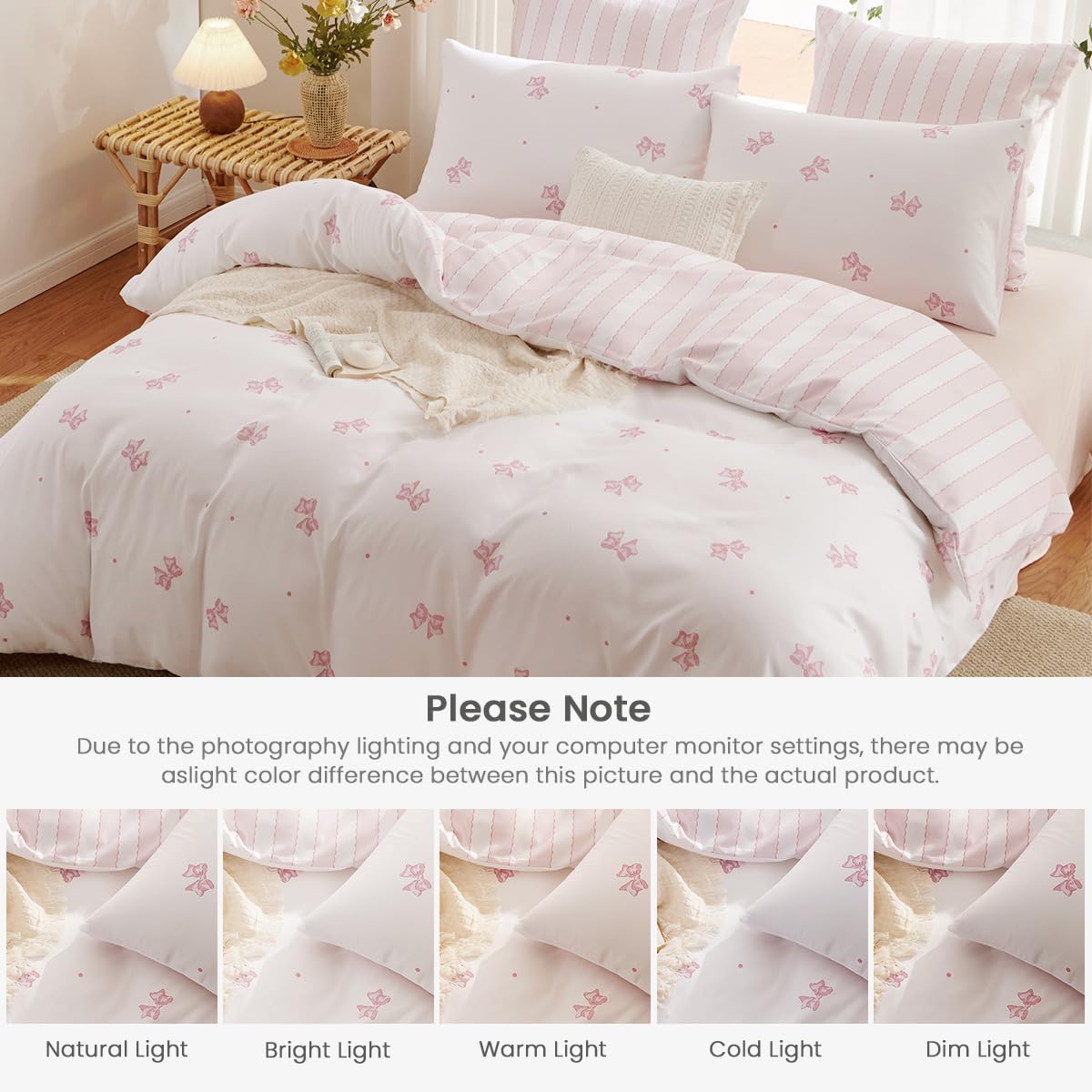 Bildenly White Comforter Set Full Size - Pink Bow Quilt Bedding Set 3 Pieces, Sripes Comforter Set Full, Soft Comforter(79‘’ x 90‘’) for Girl All Season & 2 Pillowcases(30‘’x20‘’)