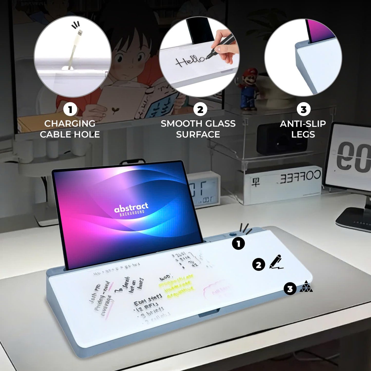 COORIART Glass Desktop Whiteboard with Storage Drawer, Dry Erase Board for Keyboard Stand, to-Do List, Memo & Planner – Desk Organizer with Accessories for Office, Home, and School (White)