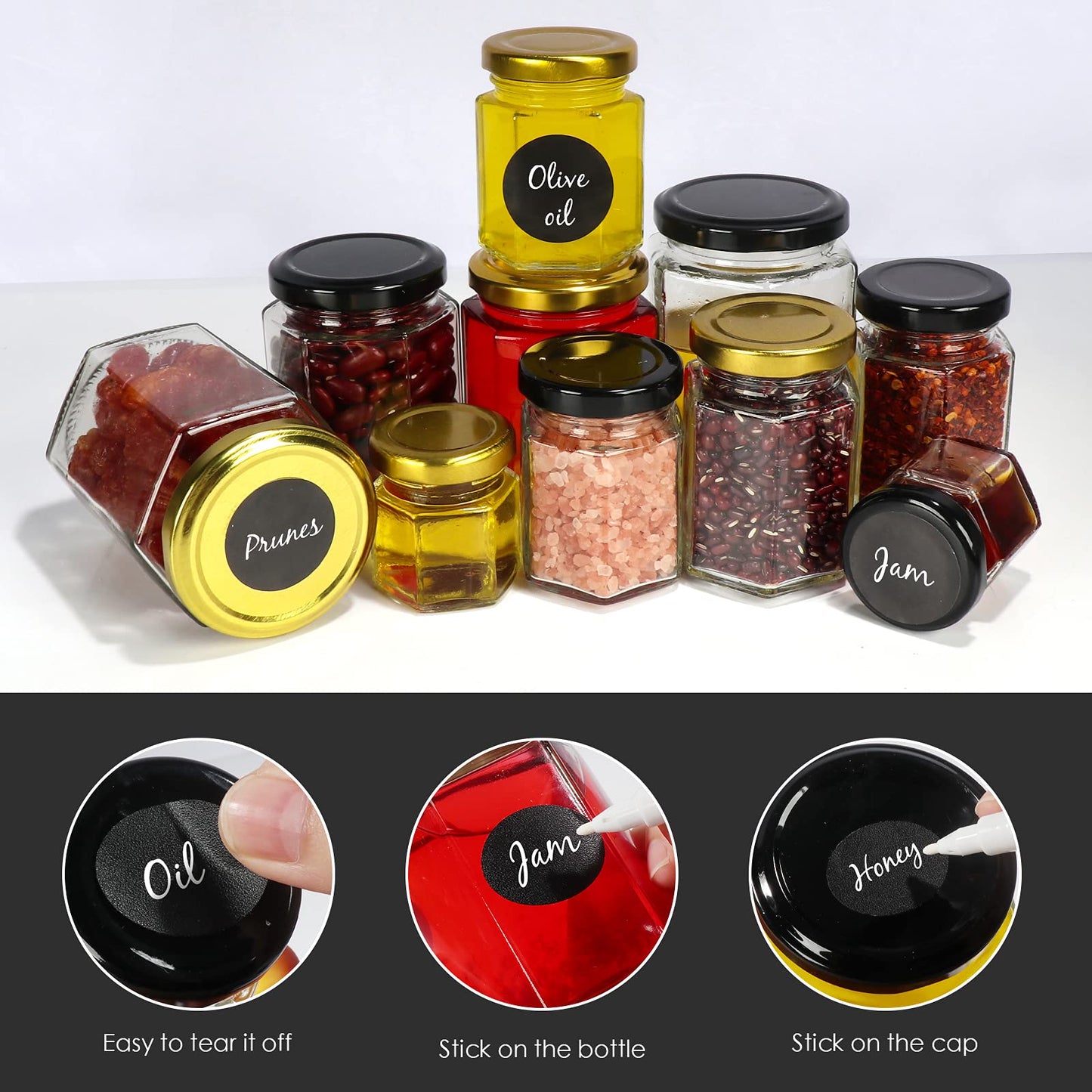 30 Pack 6 oz Hexagon Glass Jars With Black Lids, 180ml Clear Canning Mason Jars for Honey, Spice, Herb, Jams, Shower and Wedding Favors, Craft - 1 Pen and Labels Included