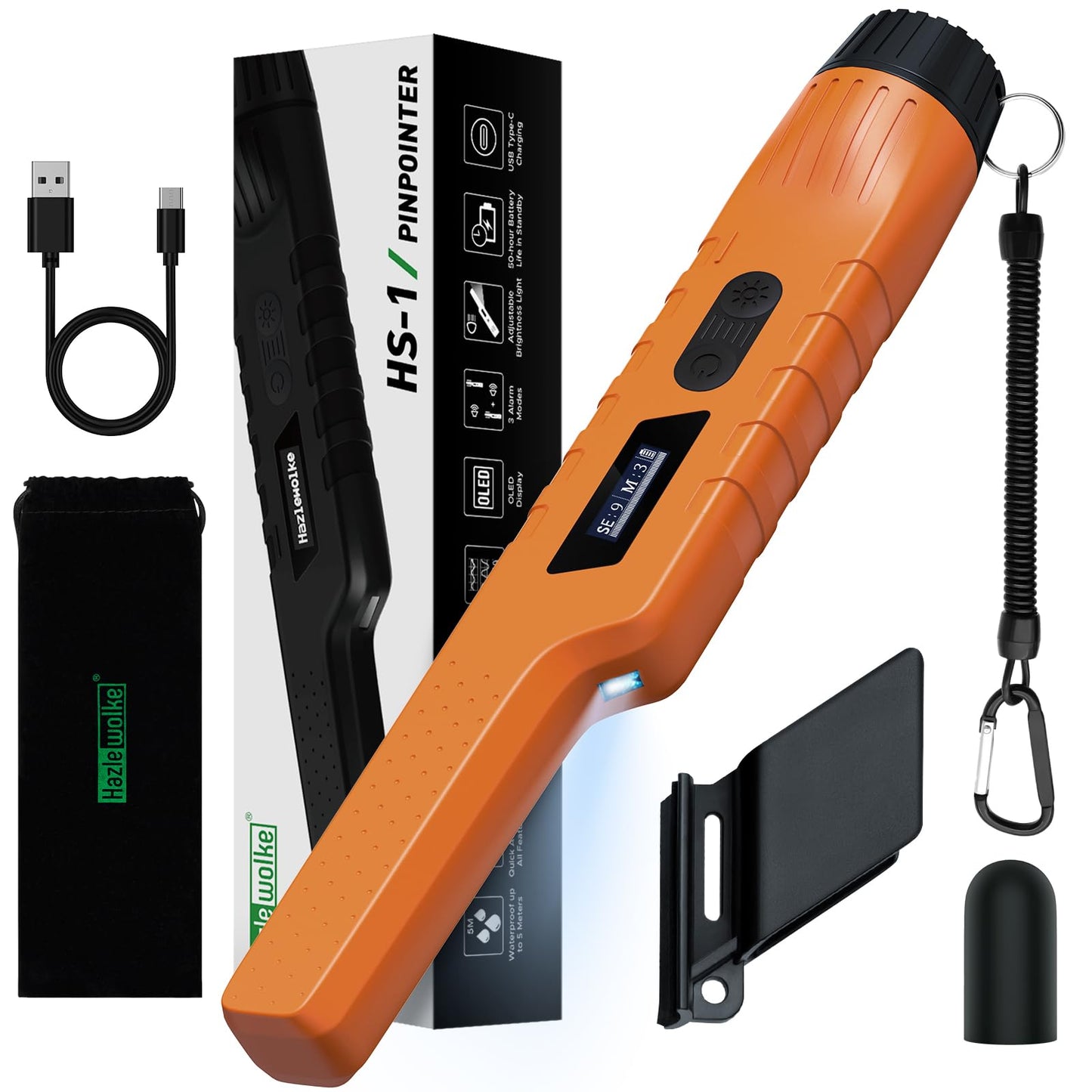 Hazlewolke Rechargeable Metal Detector Pinpointer for Adults & Kids, Fully Waterproof, OLED Screen, One-Key Interference Elimination (Orange)