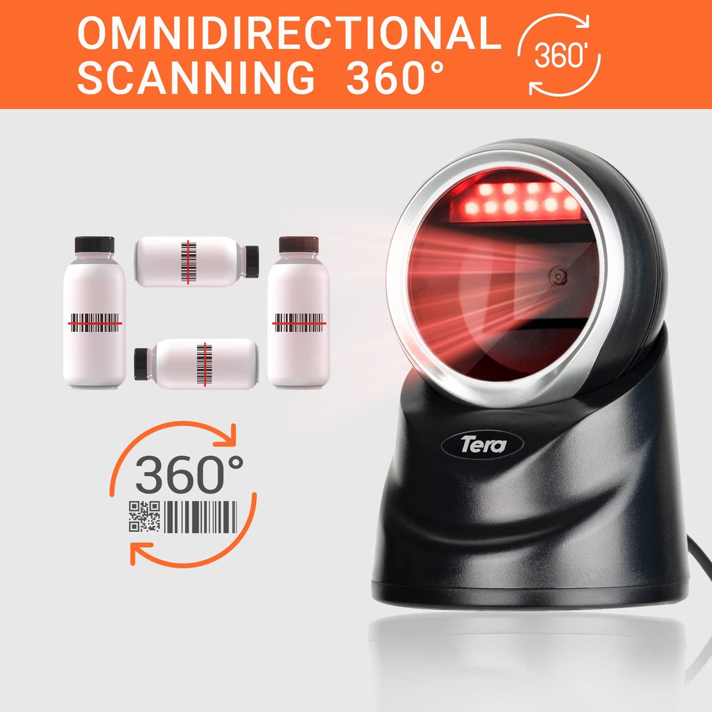 Tera 1D 2D QR Desktop Barcode Scanner Omnidirectional Hands-Free USB Wired Barcode Reader Scanner with Automatic Image Sensing Scanning Platform Scanner for POS Supermarket Library Retail Store 9100