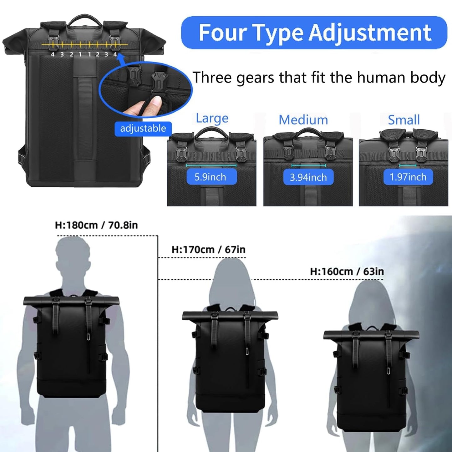 Travel Roll Top Backpack with Shoe Compartment, 17 inch Laptop Compatible, for Business, Hiking, Mountaineering, Large Capacity