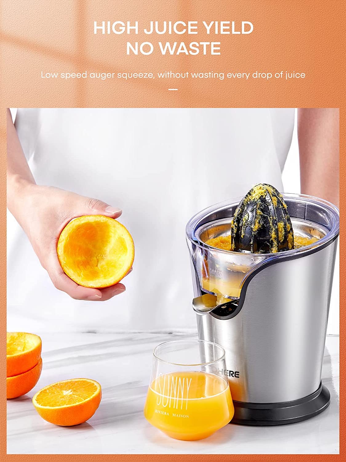 FOHERE Electric Citrus Juicer, Orange Juicer Machine with 2 Size Cones, Stainless Steel Citrus Press Juicer for Orange Lemon Grapefruit Lime, Compact Juicer Squeezer, Anti-Drip Spout & Ultra Quiet Motor