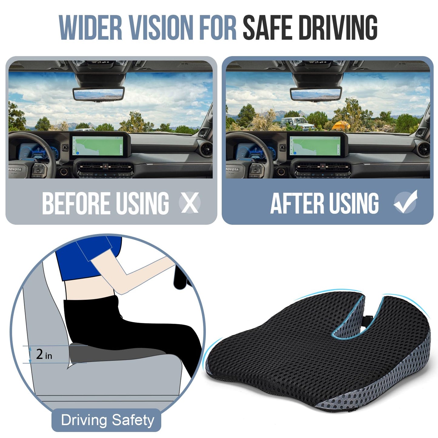 Car Seat Cushion, Memory Foam Car Wedge Seat Cushion for Driving, Height Booster & Posture Support, 4D Mesh Seat Pad with Adjustable Straps - Universal Fit for Office/Vehicle