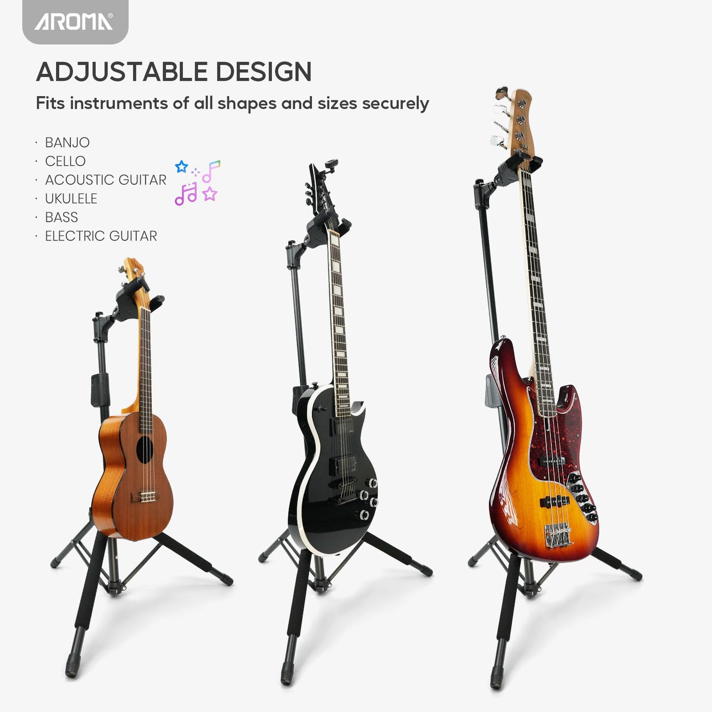 AROMA Bass Stand Universal for Acoustic Electric Classical Guitars Floor Stand Foldable with Auto-Lock Neck Holder Soild Tripod One Button Lift