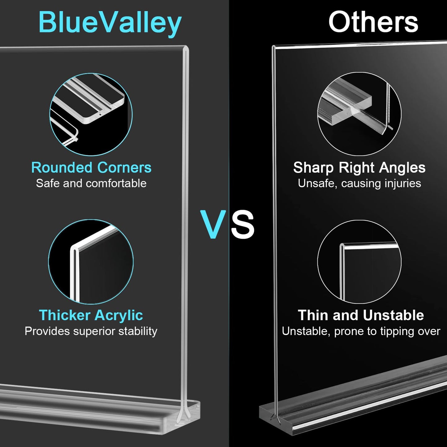 BlueValley Acrylic Sign Holder 8.5x11 Vertical - 12 Pack Double Sided Clear Plastic Table top Paper Display Stand for Menu, Flyer, Document, Poster - Standing Sign Holder for Office, Retail, Catering