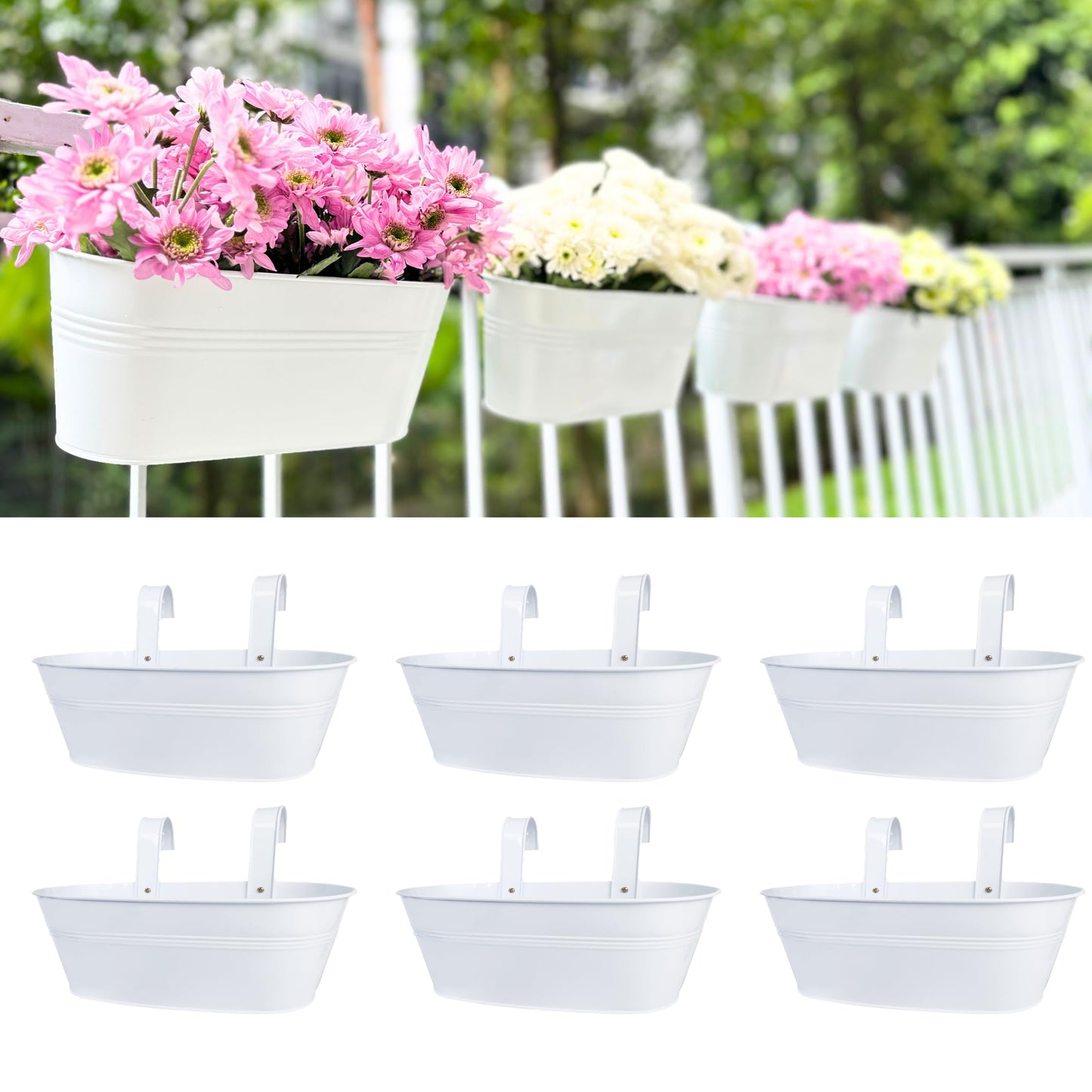 LaLaGreen Planter Boxes for Outdoor (17 Inch, 6 Pack) White Metal Deck Railing Hanging Flower Pots, Large Window Box Plant Holder Hooks Fence Rail Buckets Modern Herb Boho Style Wall Mount Porch Decor