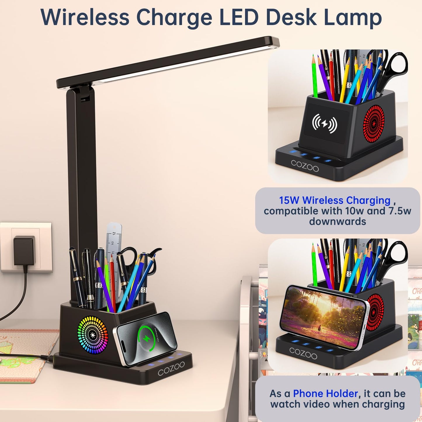 cozoo Desk Lamp,LED Desk Lamps for Home Office,Wireless Charger Small Lamp with Pen Holder,Color Changing Nightlight,12 Lighting Modes,Table Light fot Nail, Lamps for College Dorm Room