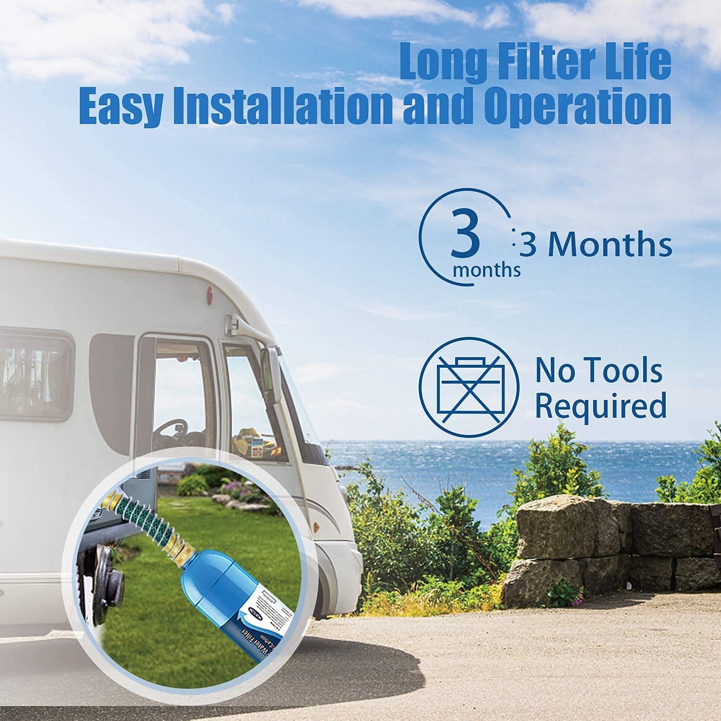 RV Inline/Marine Water Filter with Flexible Hose Protector, NSF Certified, Dedicated for Gardening, RVs, Campers, Trailer, Compatible with Camco 40043 KDF Filter (2 Packs)