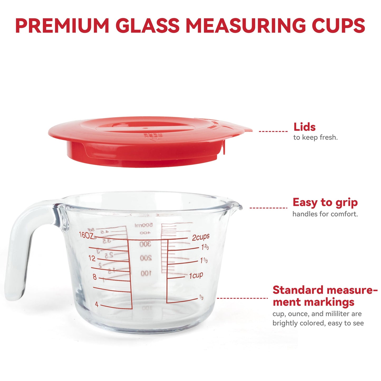 CUTEPLAN 6 Pcs Glass Measuring Cups Set with Lids (Strainer Included) - 1-Cup/2-Cup/4-Cup Nesting Jugs with Easy-Grip Handles, Kitchen Liquid Measuring