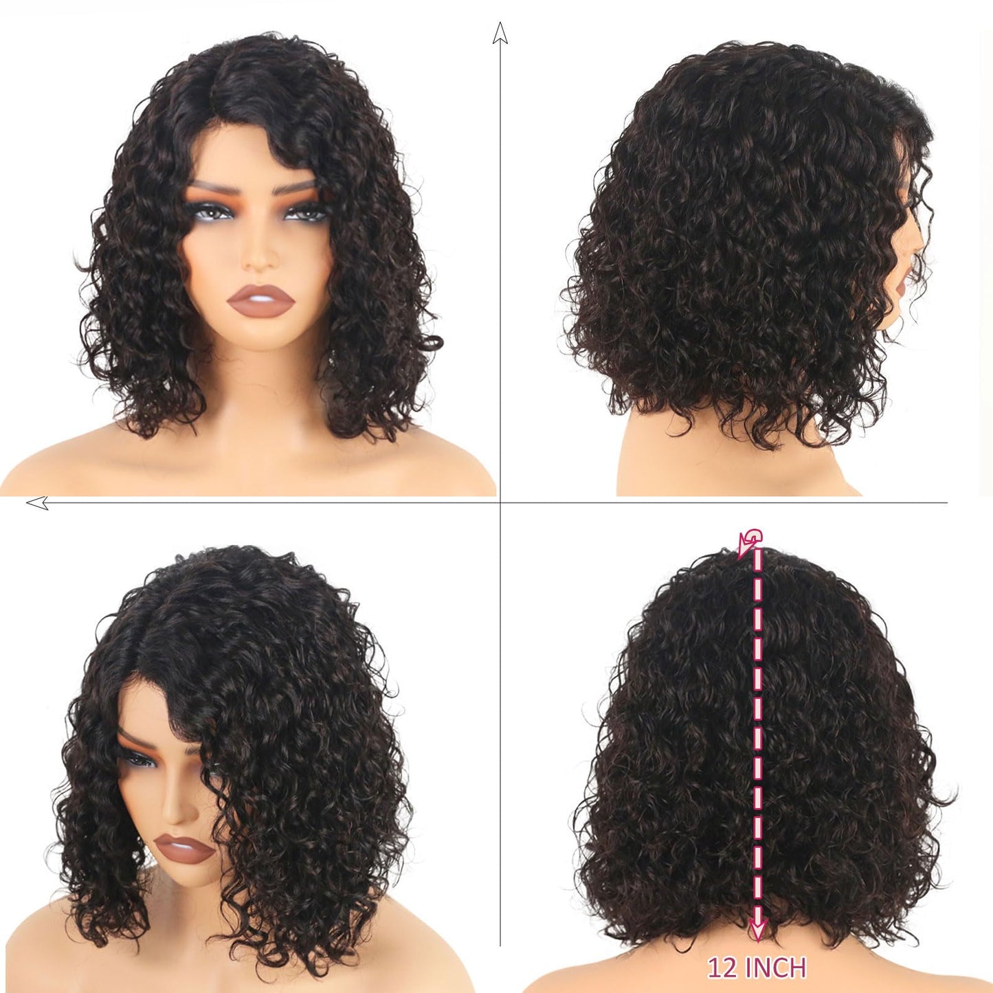 ManeMajesty Short Curly Wigs for Black Women Right Side Parting Lace Closure Wigs Human Hair Bob Deep Curly Wear and Go Glueless Wig 10A Deep Wave Wigs Natural Color 12 Inch
