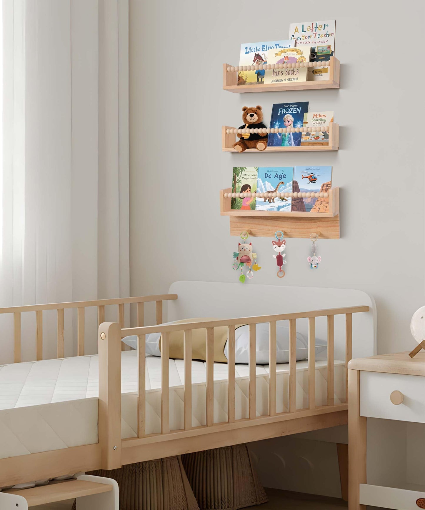 BIROLA Nursery Book Shelves with Beads Set of 3,Nursery Shelves for Bookshelf Wall,Wall Bookshelves for Kids，Bathroom Decor, Kitchen Spice Rack (Natural)
