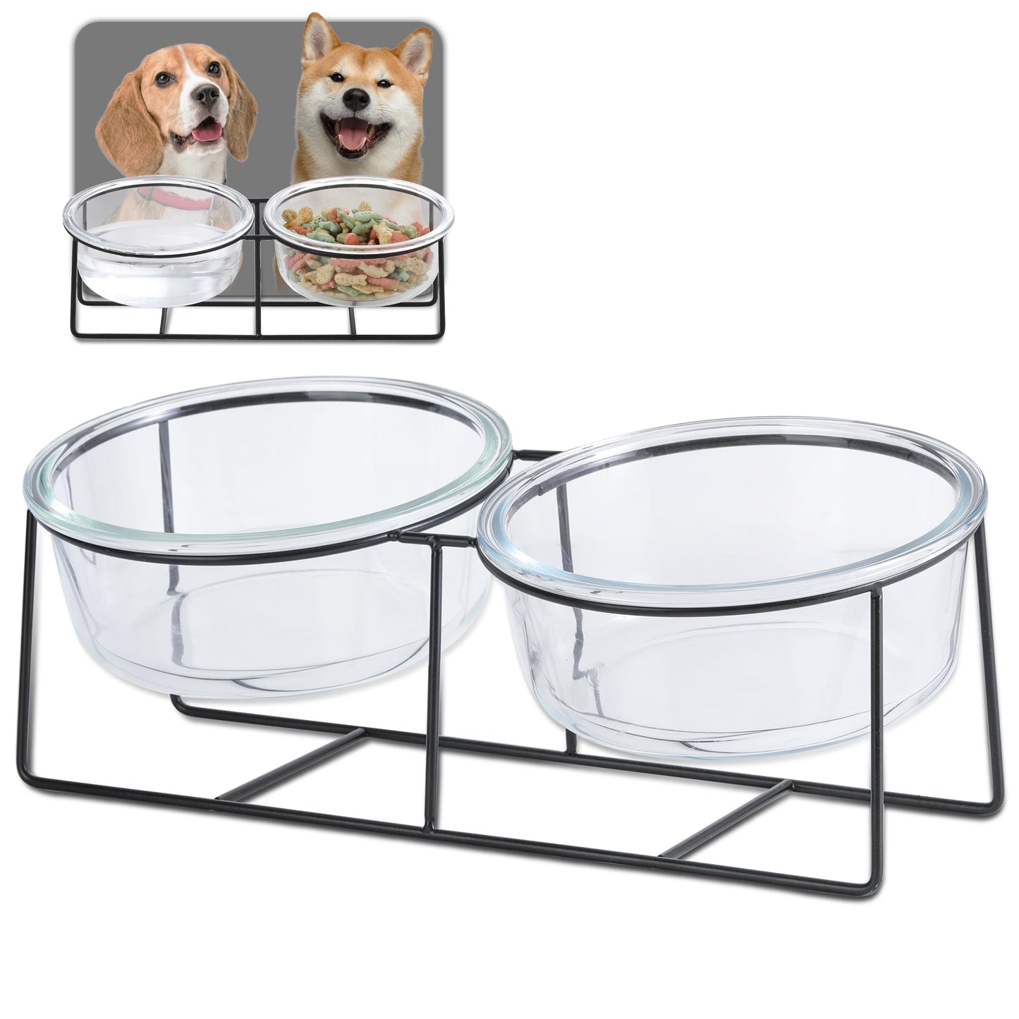 Glass Elevated Dog Bowl Set - Raised Food and Water Bowls with Metal Stand - Pet Dishes for Small and Medium Dogs - 2 Cups (27 fl oz) Each - Transparent
