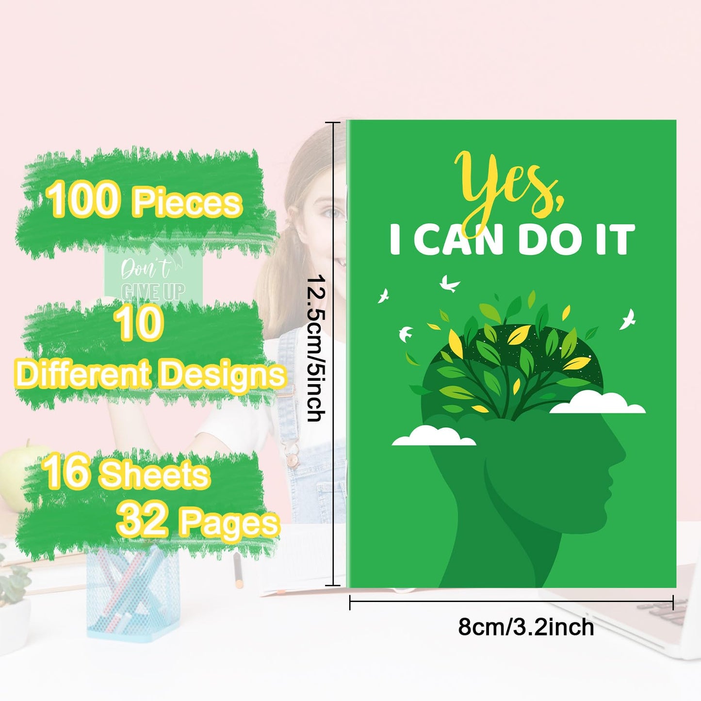 Dinifee 100 Pcs Mini Mental Health Notepads Small Memo Pad Notepads Bulk Mental Health Awareness Green Ribbon Pocket Notebooks, 10 Styles