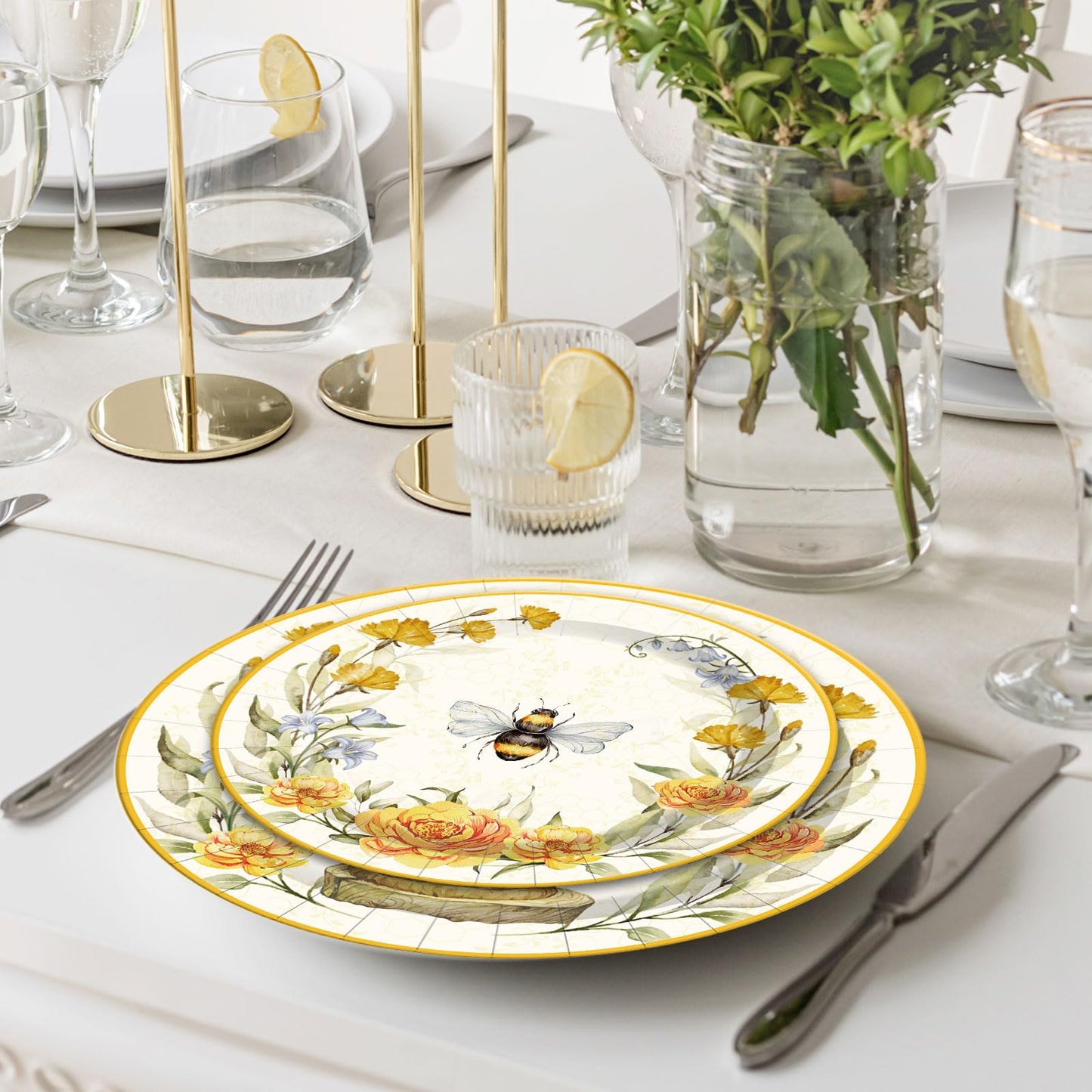 Whaline Bee Tableware Party Decorations Summer Bee Flower Disposable Dinnerware Set for Wedding Birthday Baby Shower Holiday Party Supplies Table Decor, Serve 24
