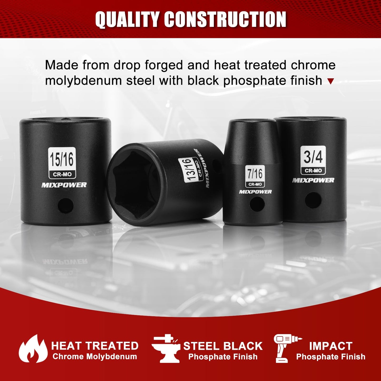 MIXPOWE 19 Piece 1/2-Inch Drive Standard Impact Socket Set, SAE, Shallow, 3/8" to 1-1/2", Cr-Mo Alloy Steel, Radius Corner Design, Impact Grade